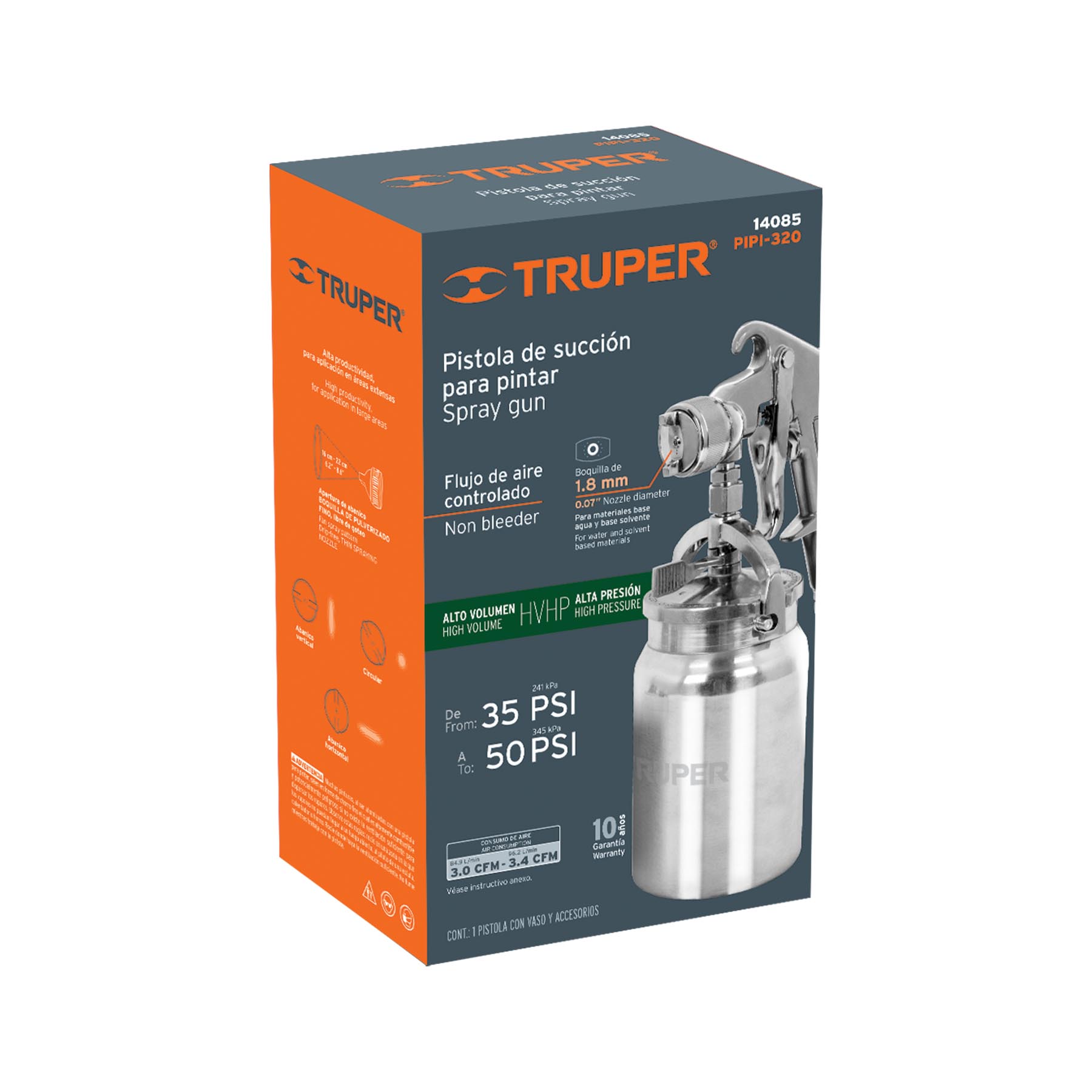 Pistola p/pintar succión HVHP vaso alum, 1.8mm, 3 vál TRUPER