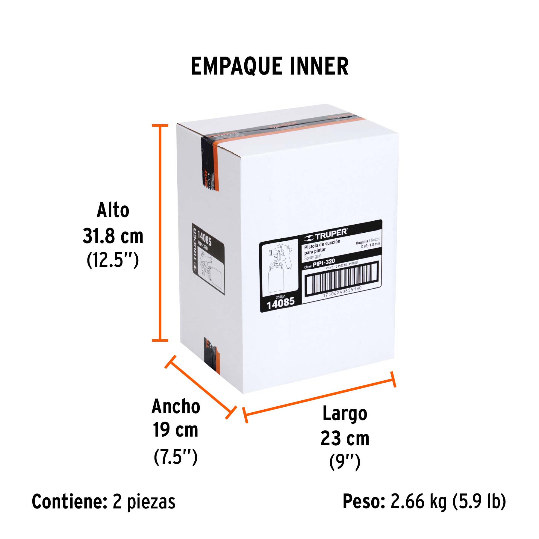 Pistola p/pintar succión HVHP vaso alum, 1.8mm, 3 vál TRUPER - Empaque