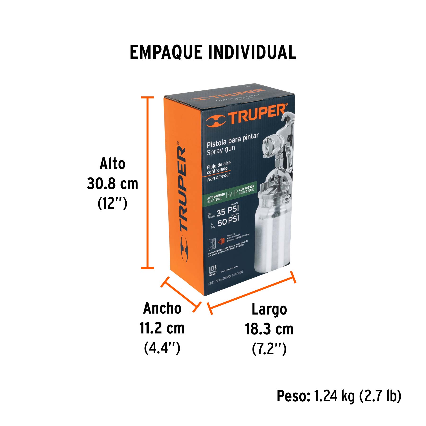 Pistola p/pintar succión HVHP vaso alum, 1.8mm, 3 vál TRUPER - Empaque