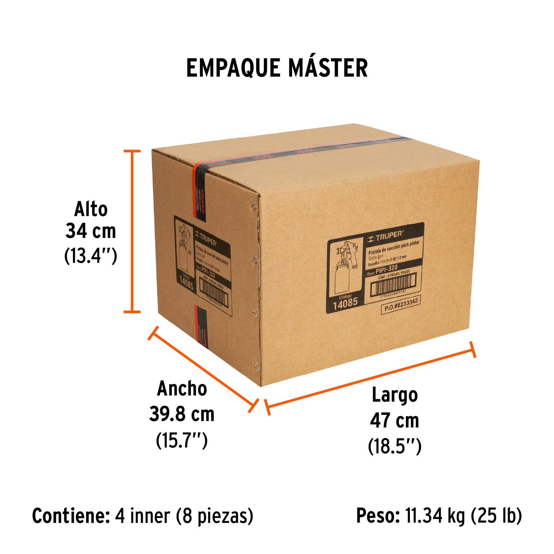Pistola p/pintar succión HVHP vaso alum, 1.8mm, 3 vál TRUPER - Empaque