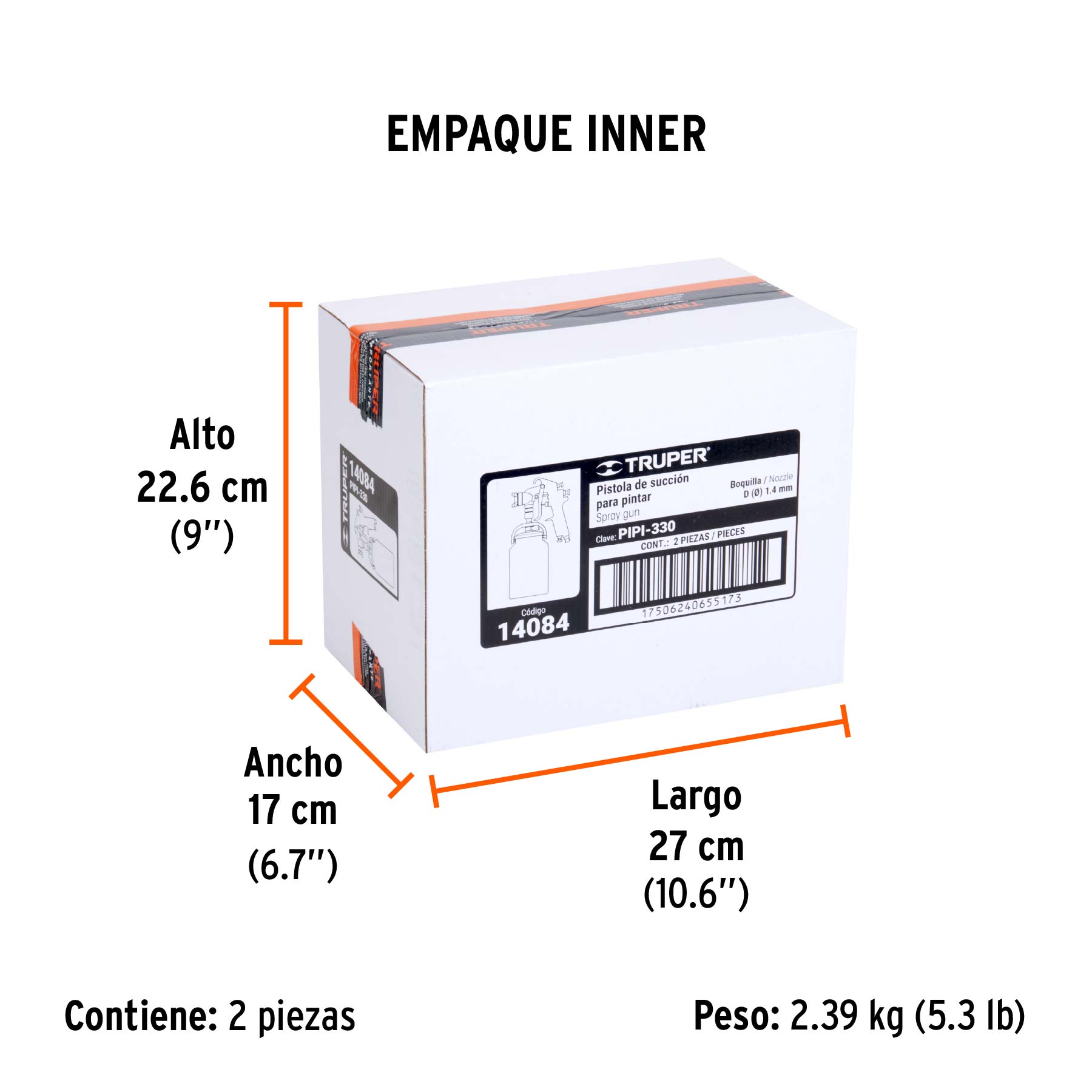 Pistola p/pintar succión HVLP vaso aluminio, 1.4 mm, TRUPER - Empaque