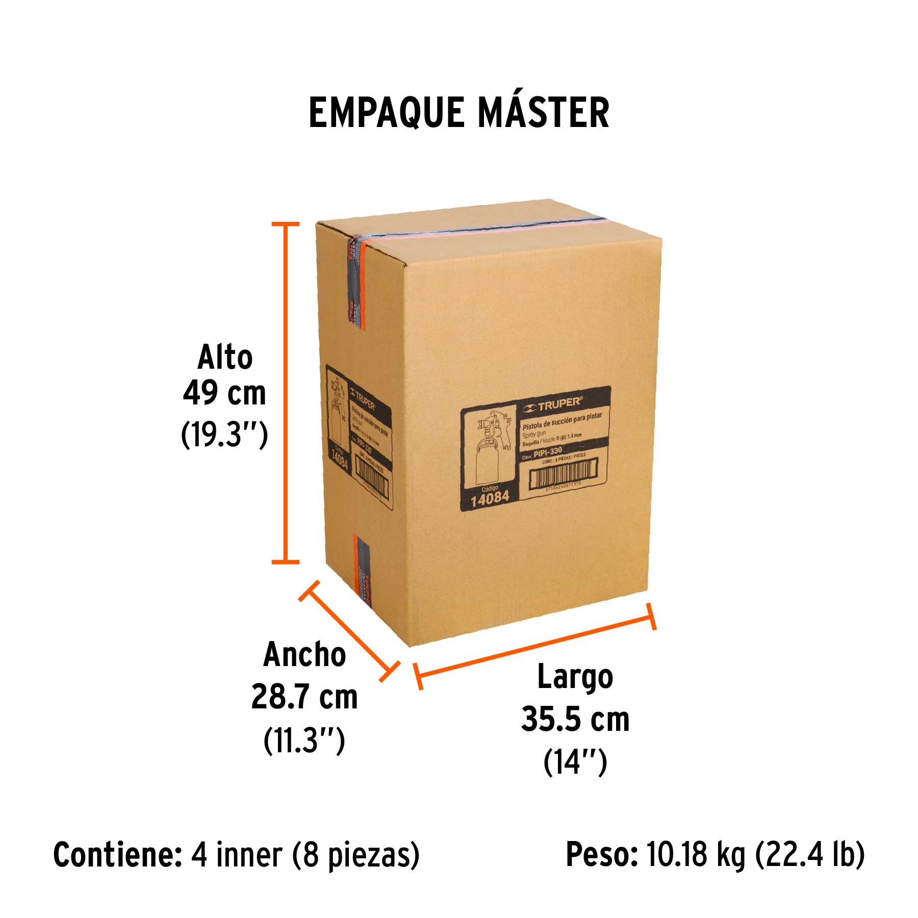 Pistola p/pintar succión HVLP vaso aluminio, 1.4 mm, TRUPER - Empaque