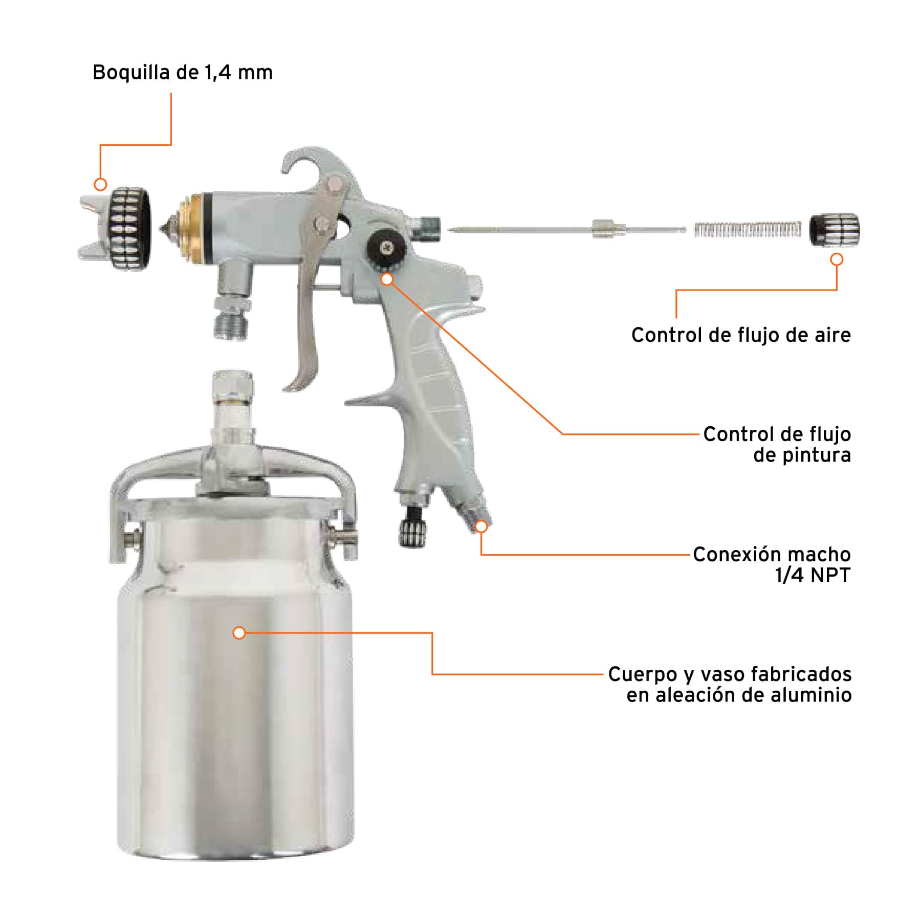Pistola p/pintar succión HVLP vaso aluminio, 1.4 mm, EXPERT