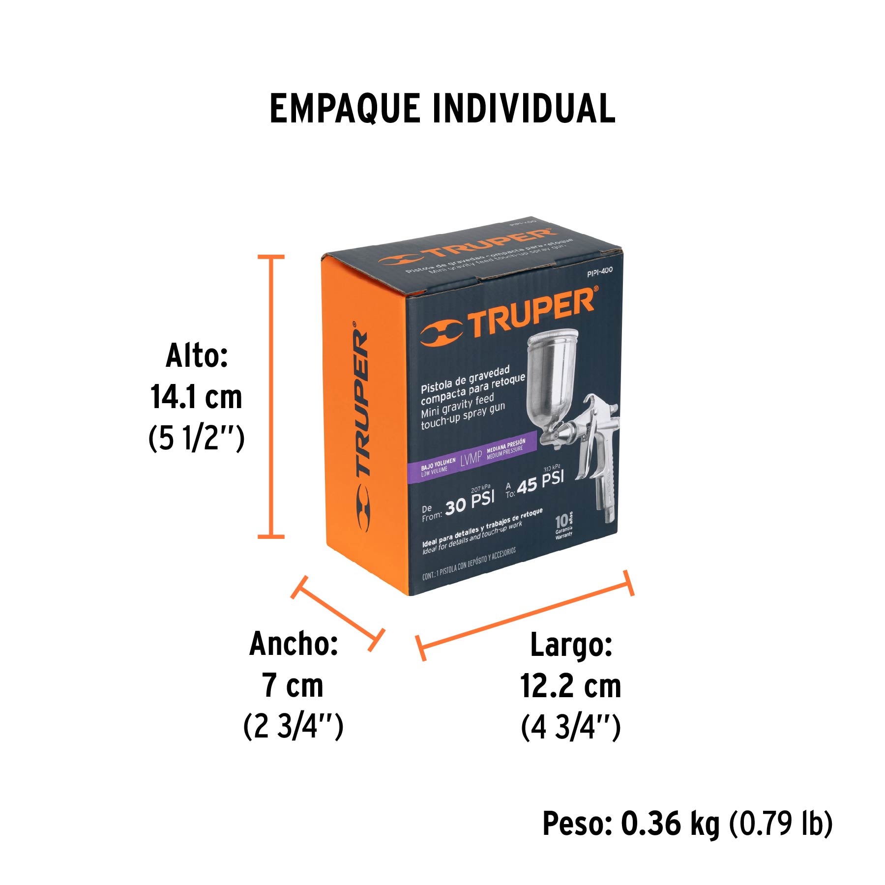 Pistola para retoque LVMP vaso aluminio, 0.5 mm, TRUPER - Empaque