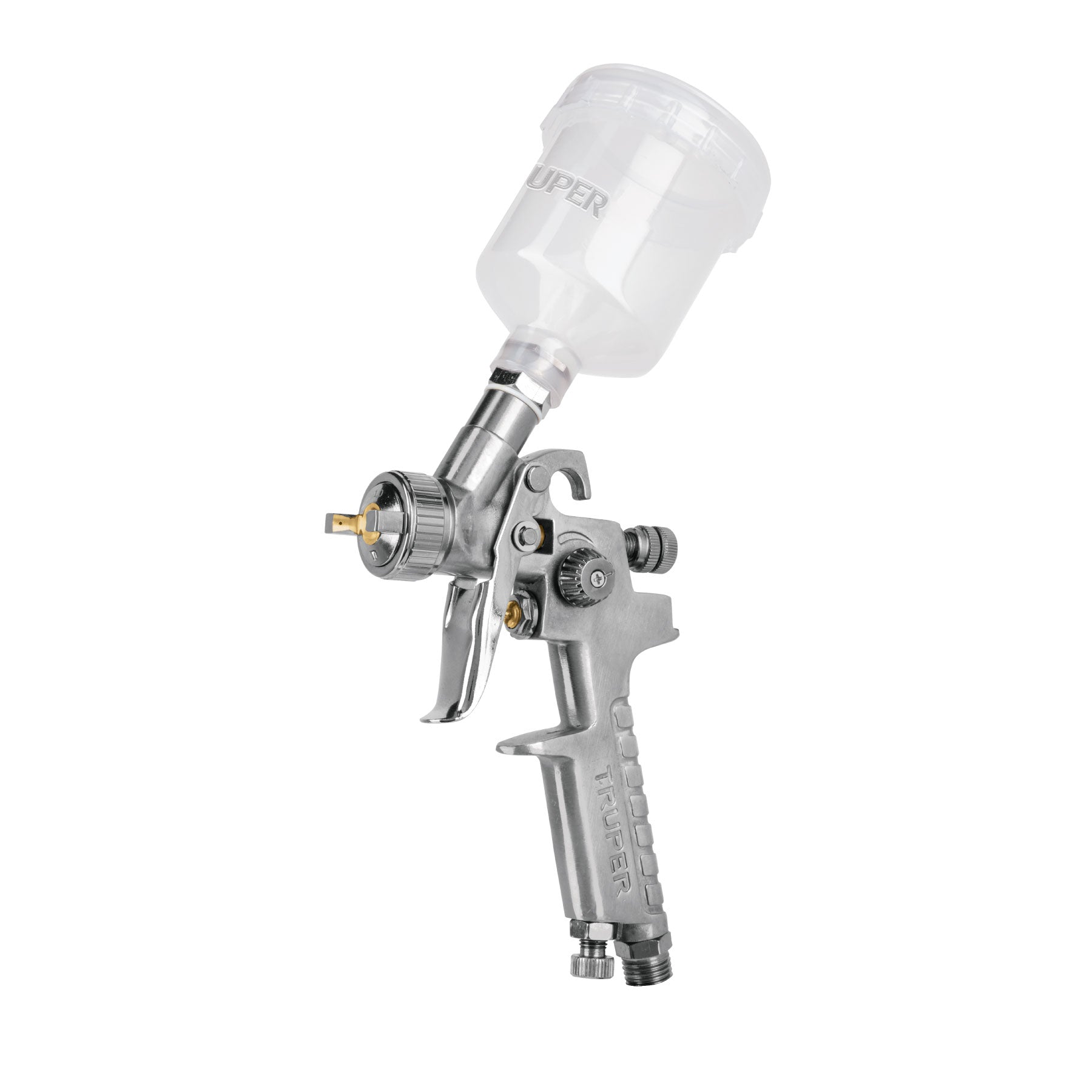 Pistola p/retoque gravedad HVLP vaso plástico, 1 mm, TRUPER