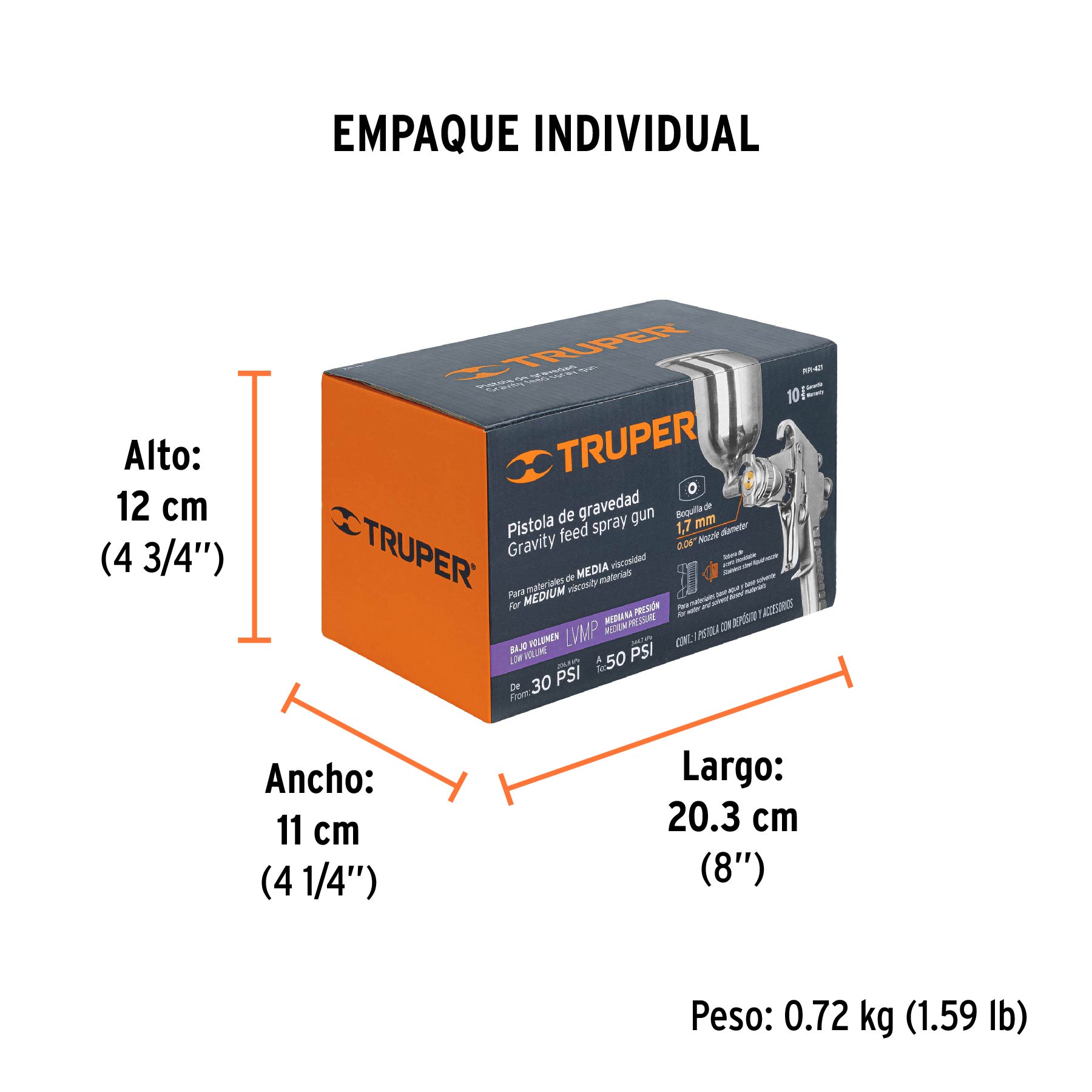 Pistola para pintar LVMP vaso aluminio, 1.7 mm, TRUPER - Empaque
