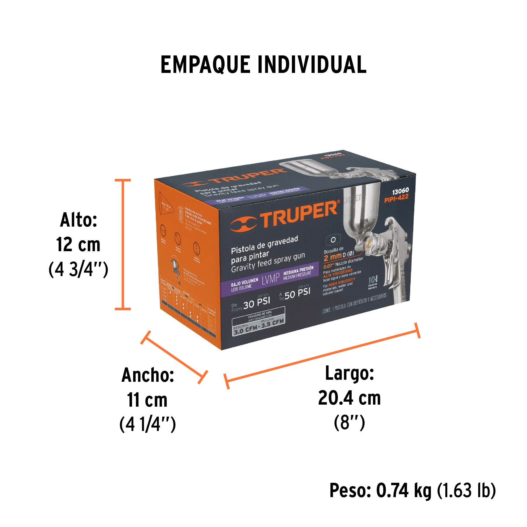 Pistola para pintar LVMP vaso aluminio, 2 mm, TRUPER - Empaque