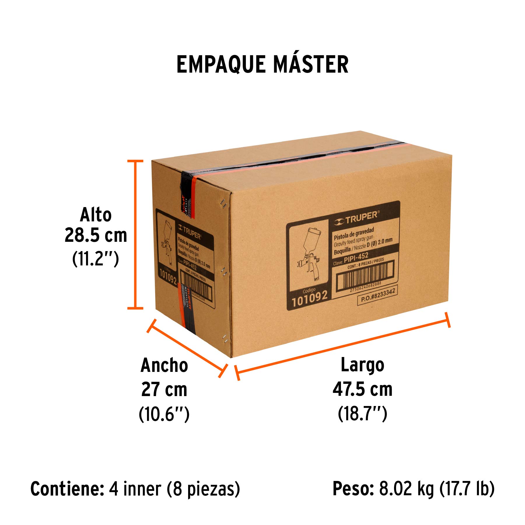 Pistola para pintar LVLP vaso plástico, 2.0 mm, TRUPER - Empaque