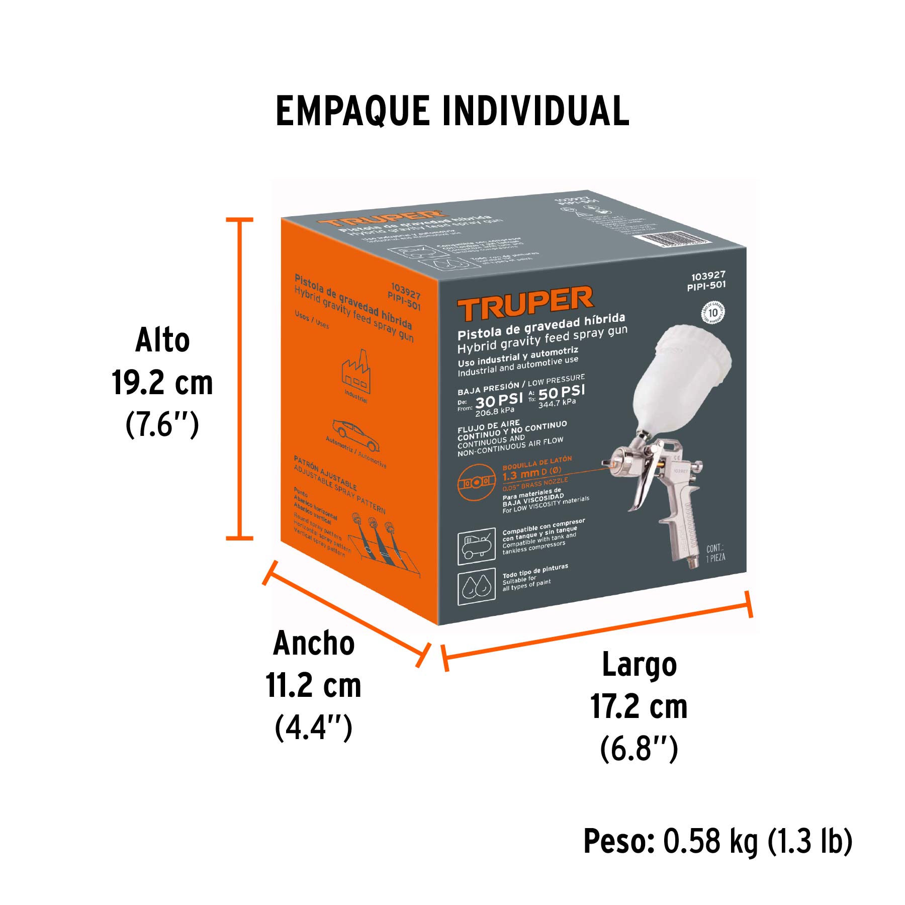 Pistola p/pintar Híbrida vaso plástico,1.3mm, TRUPER - Empaque