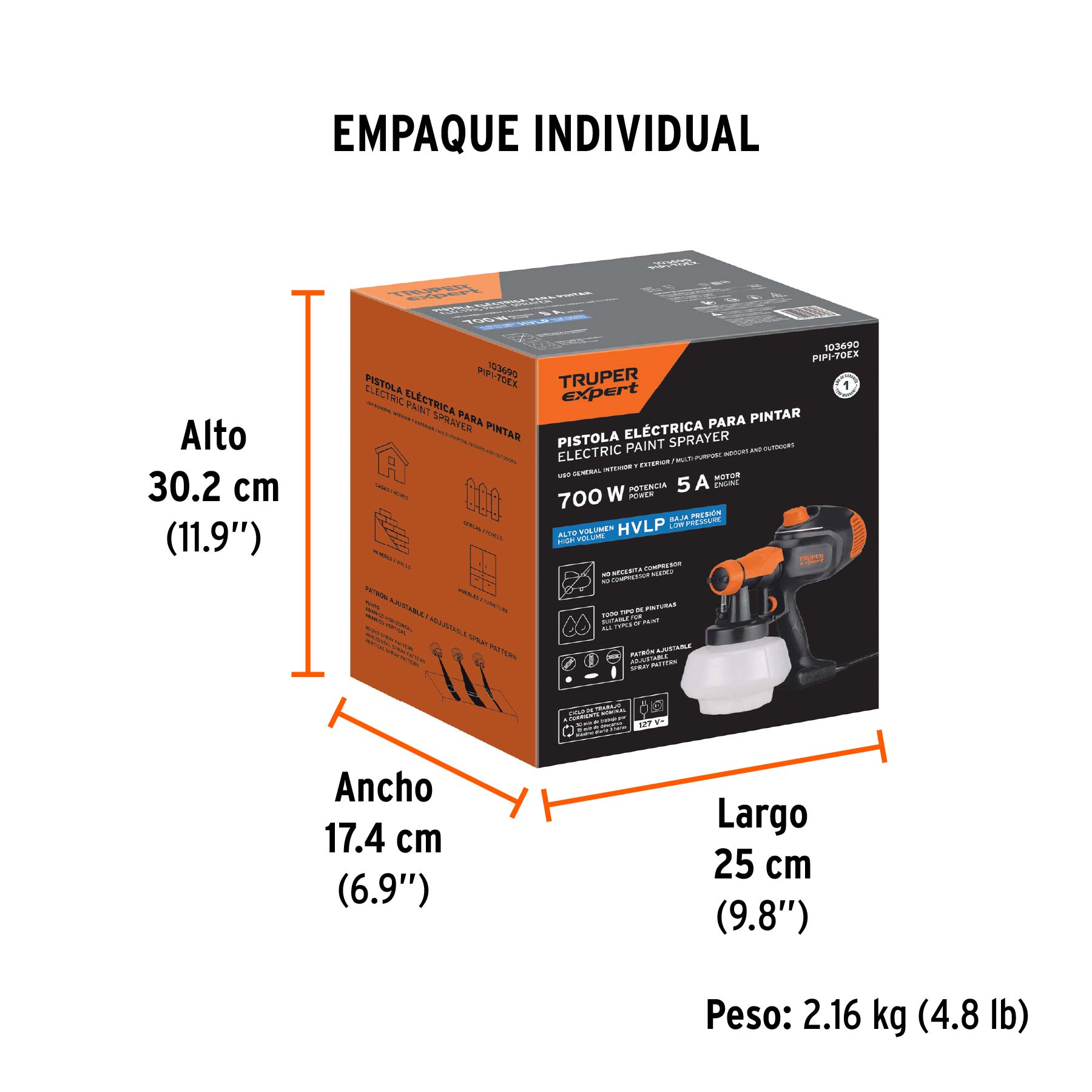 Pistola eléctrica para pintar de 700W, TRUPER EXPERT - Empaque