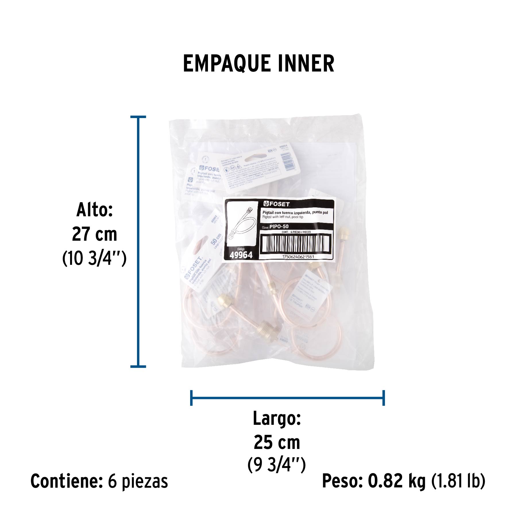 Pigtail con tuerca izquierda, punta pol, 50 cm, FOSET - Empaque
