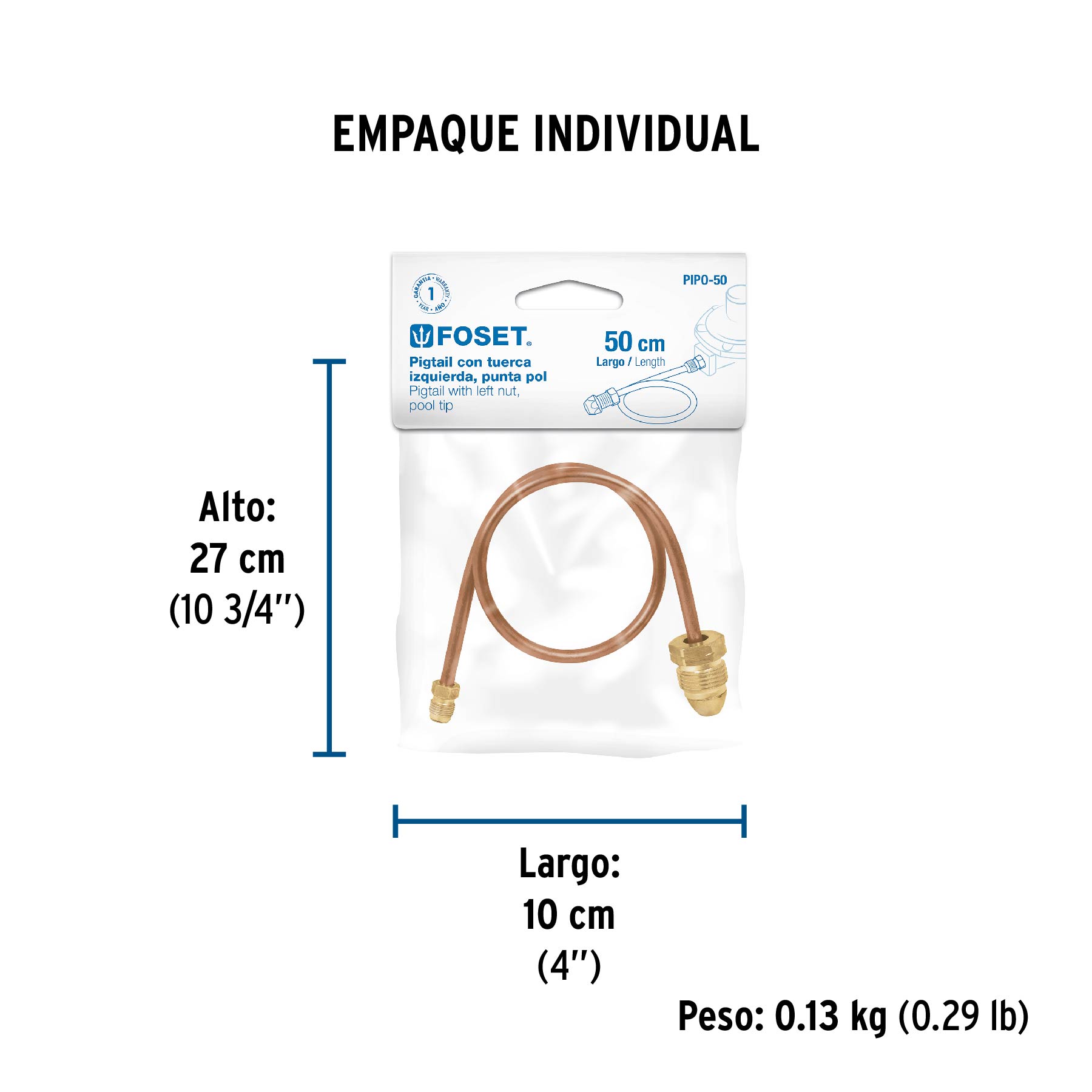 Pigtail con tuerca izquierda, punta pol, 50 cm, FOSET - Empaque