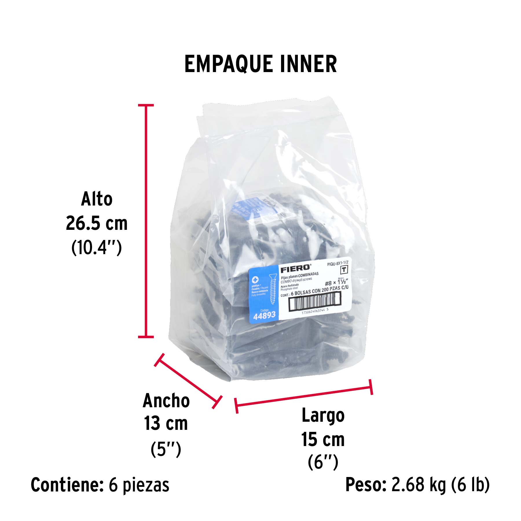Bolsa con 200 pijas #8 x 1-1/2" combinadas (cuadro+Phillips) - Empaque