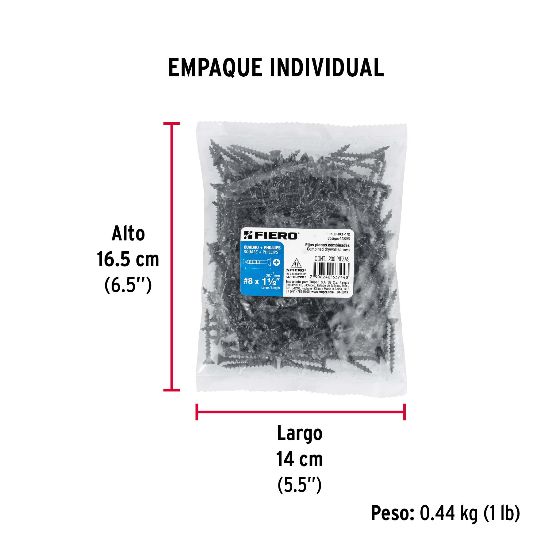Bolsa con 200 pijas #8 x 1-1/2" combinadas (cuadro+Phillips) - Empaque