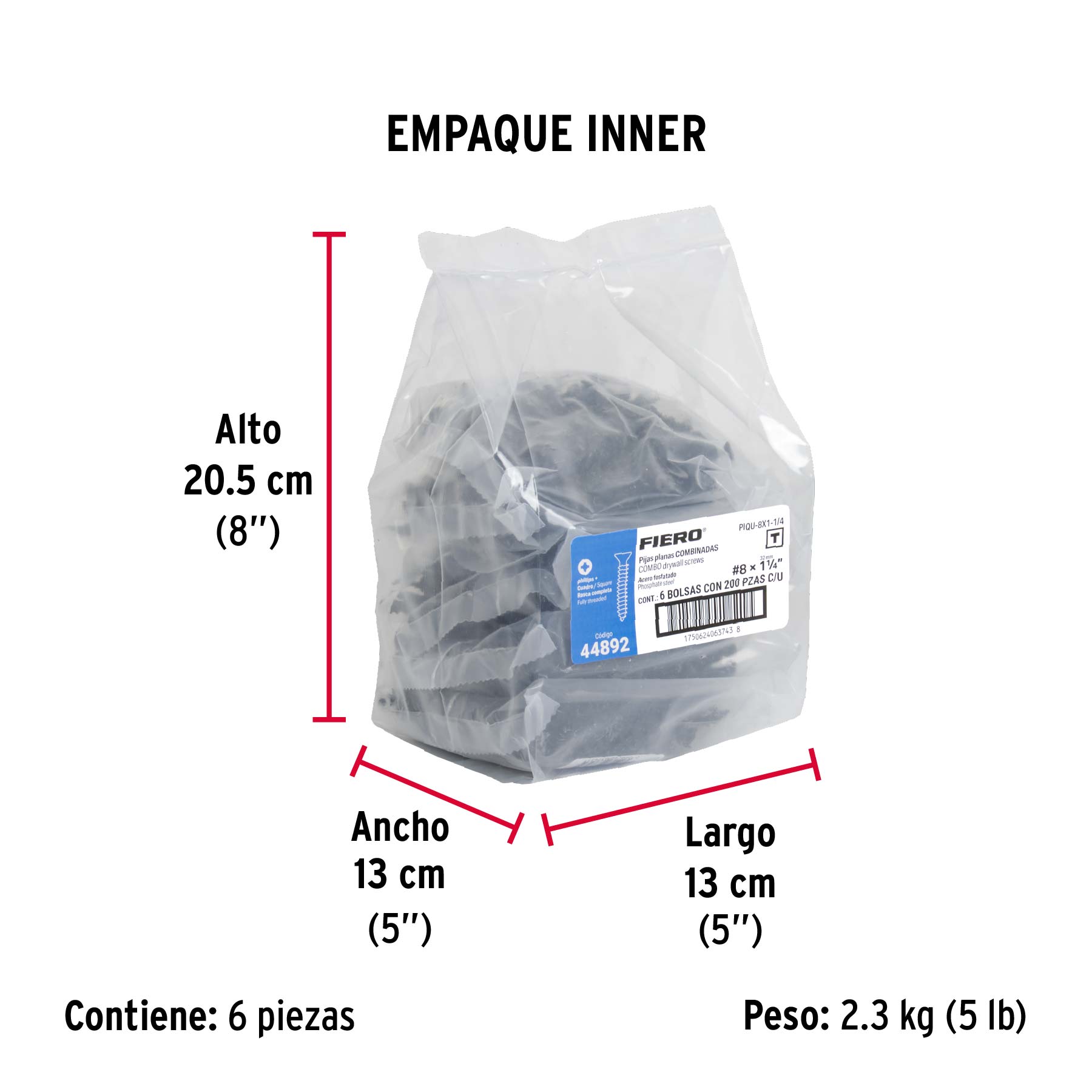 Bolsa con 200 pijas #8 x 1-1/4" combinadas (cuadro+Phillips) - Empaque