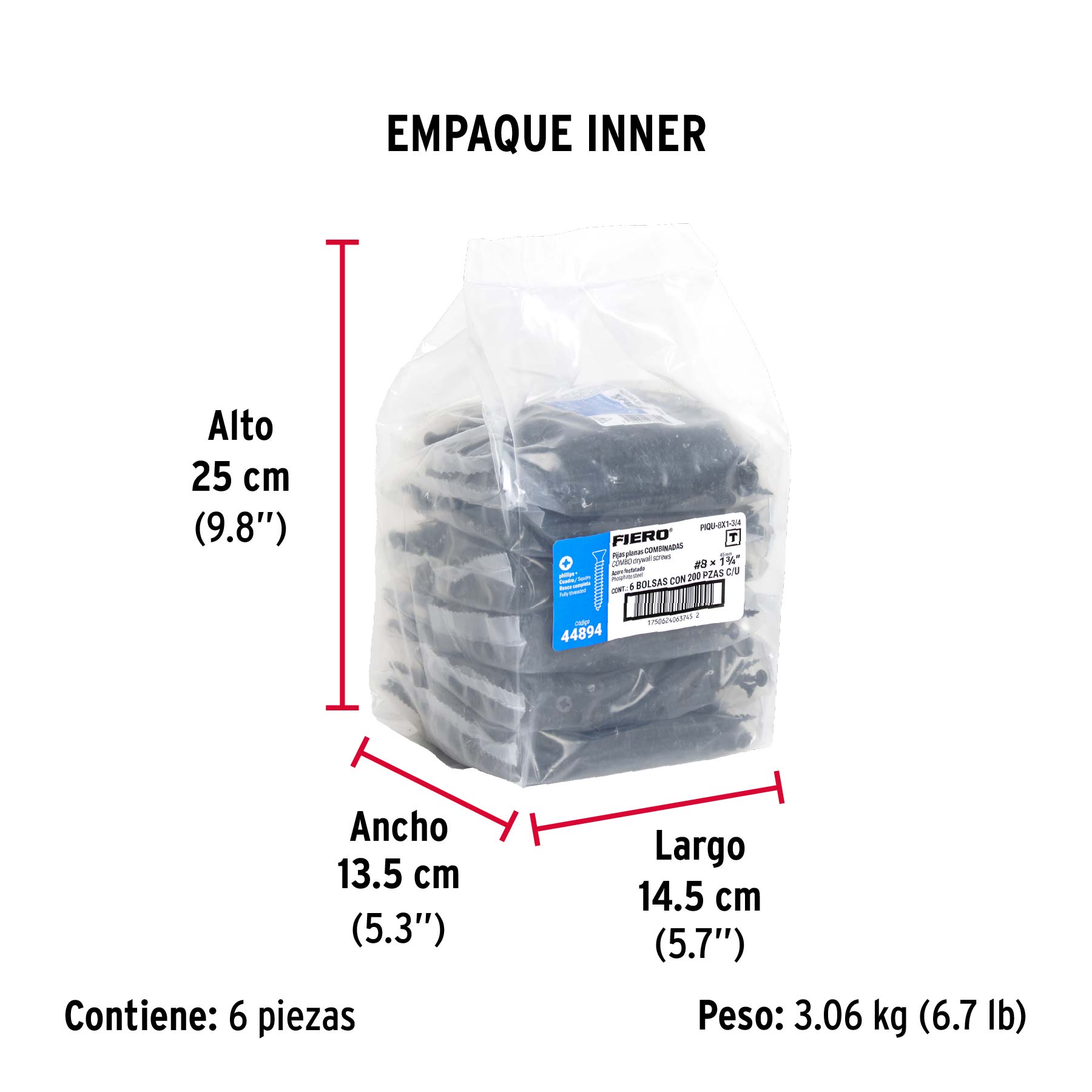 Bolsa con 200 pijas #8 x 1-3/4" combinadas (cuadro+Phillips) - Empaque