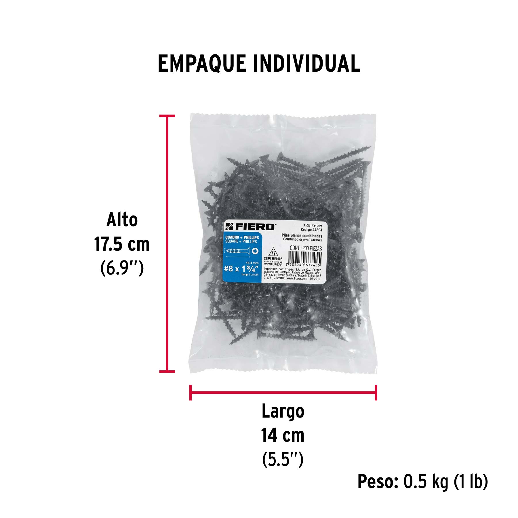 Bolsa con 200 pijas #8 x 1-3/4" combinadas (cuadro+Phillips) - Empaque