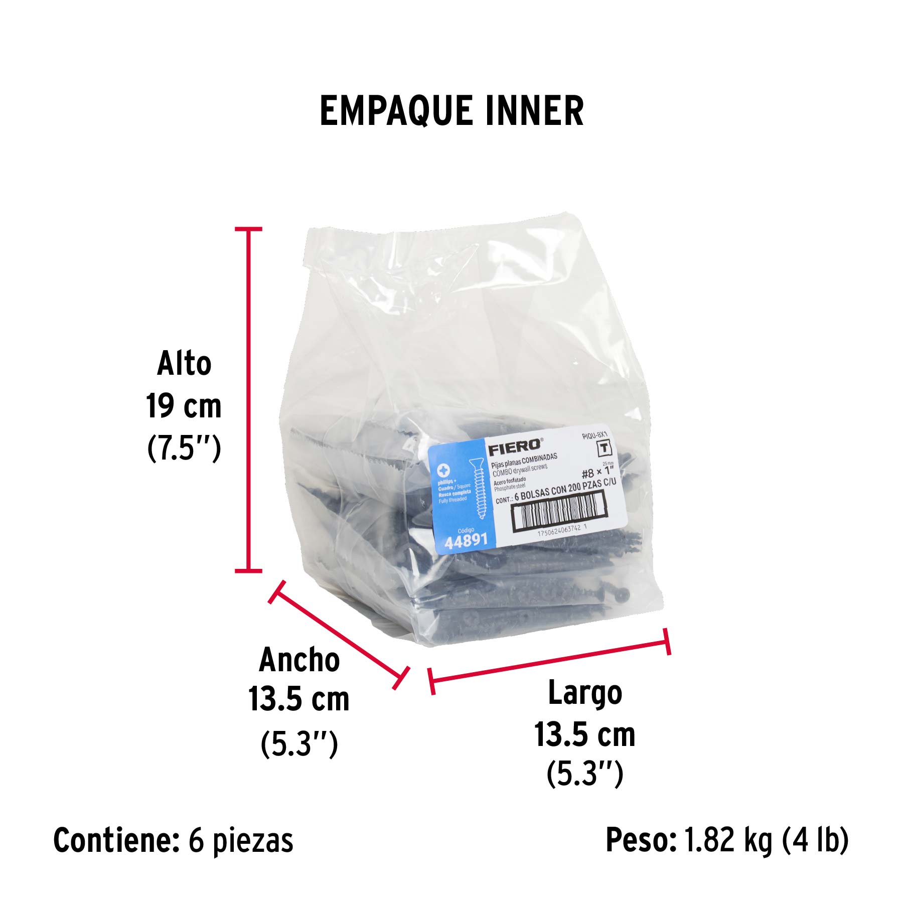 Bolsa con 200 pijas #8 x 1" combinadas (cuadro + Phillips) - Empaque