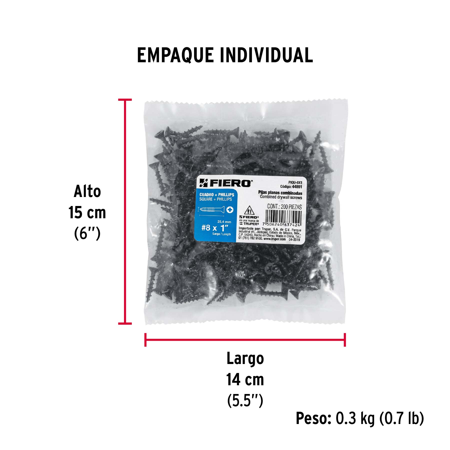 Bolsa con 200 pijas #8 x 1" combinadas (cuadro + Phillips) - Empaque