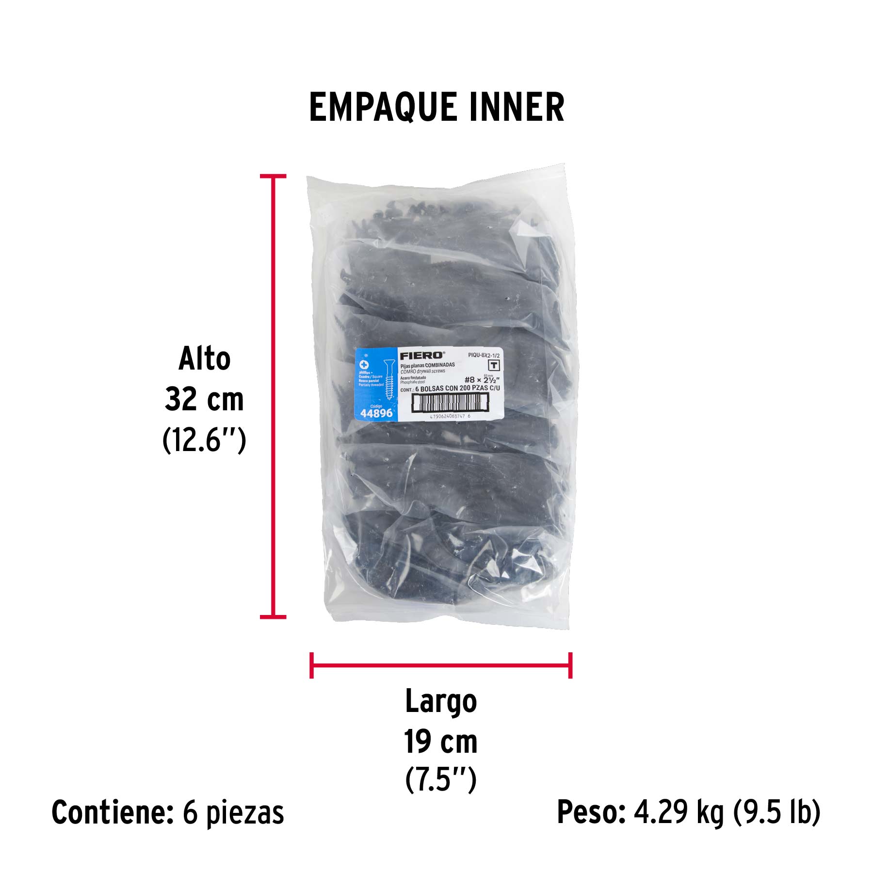Bolsa con 200 pijas #8 x 2-1/2" combinadas (cuadro+Phillips) - Empaque