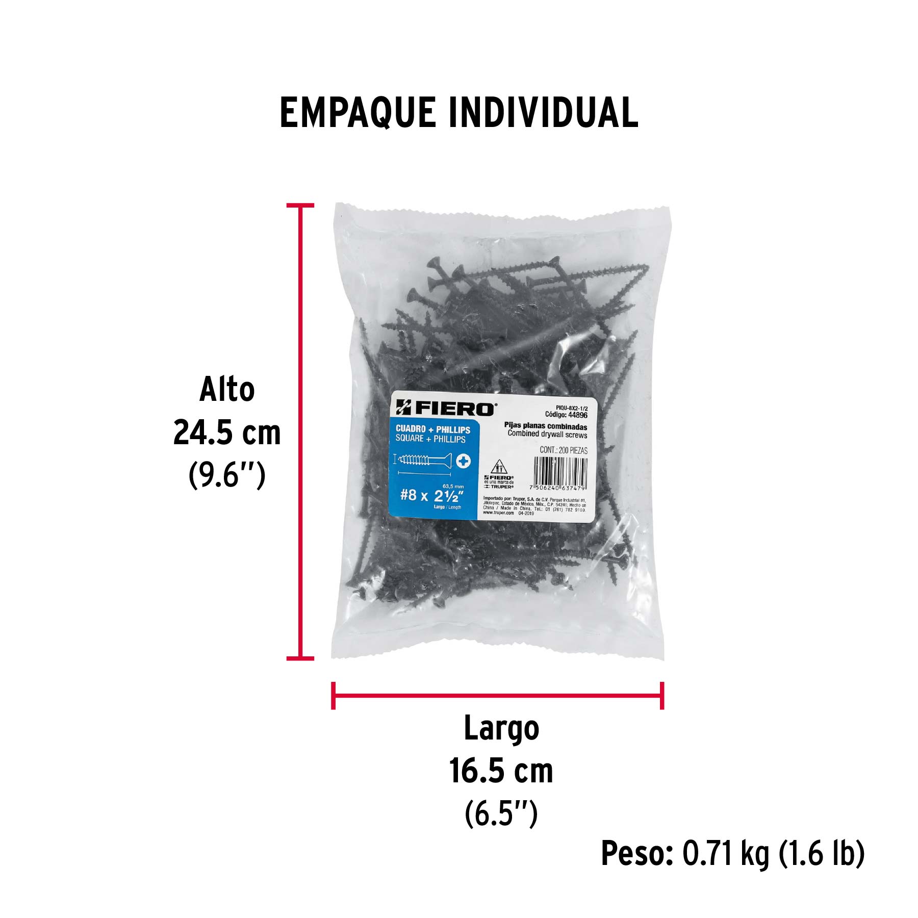 Bolsa con 200 pijas #8 x 2-1/2" combinadas (cuadro+Phillips) - Empaque