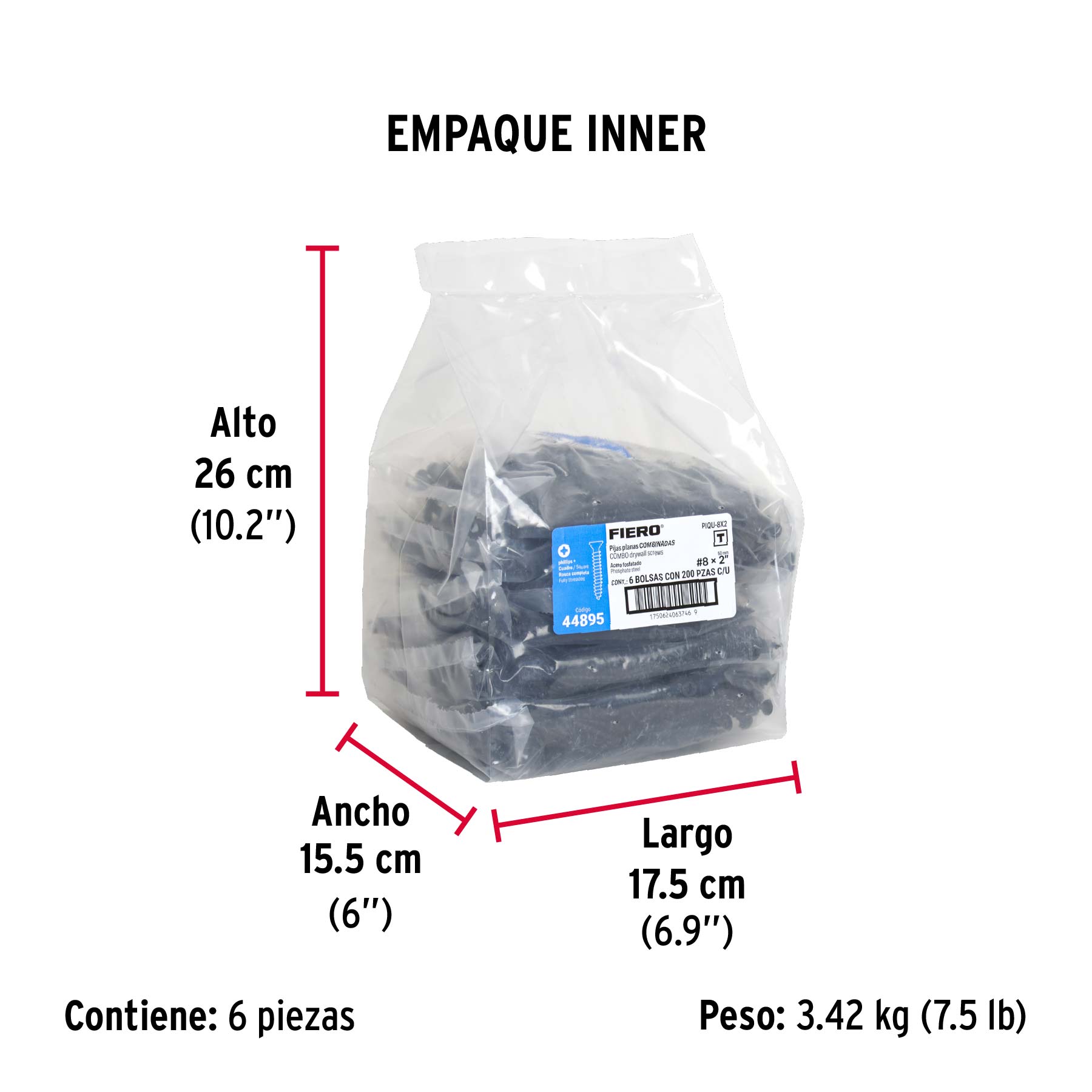 Bolsa con 200 pijas #8 x 2" combinadas (cuadro + Phillips) - Empaque
