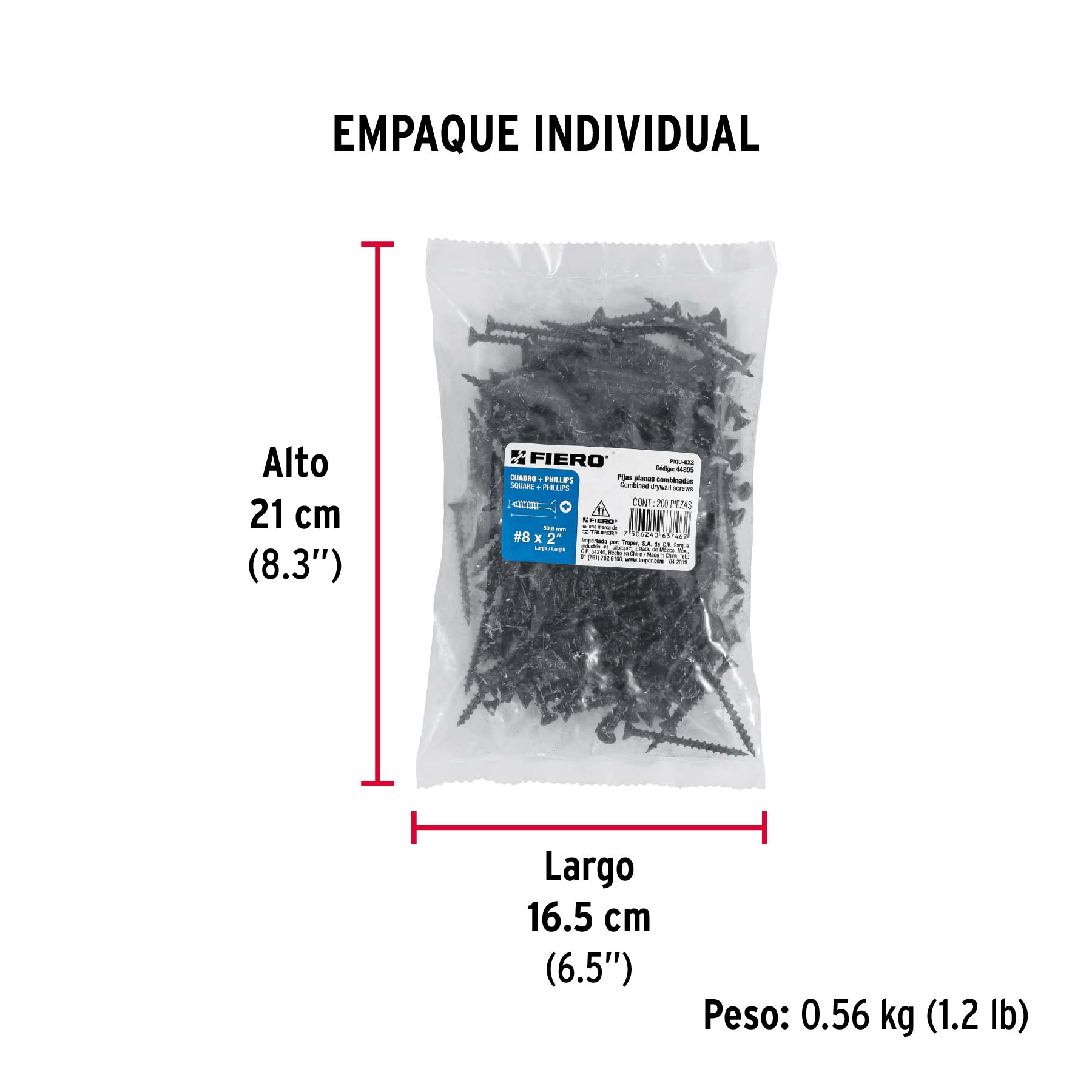 Bolsa con 200 pijas #8 x 2" combinadas (cuadro + Phillips) - Empaque