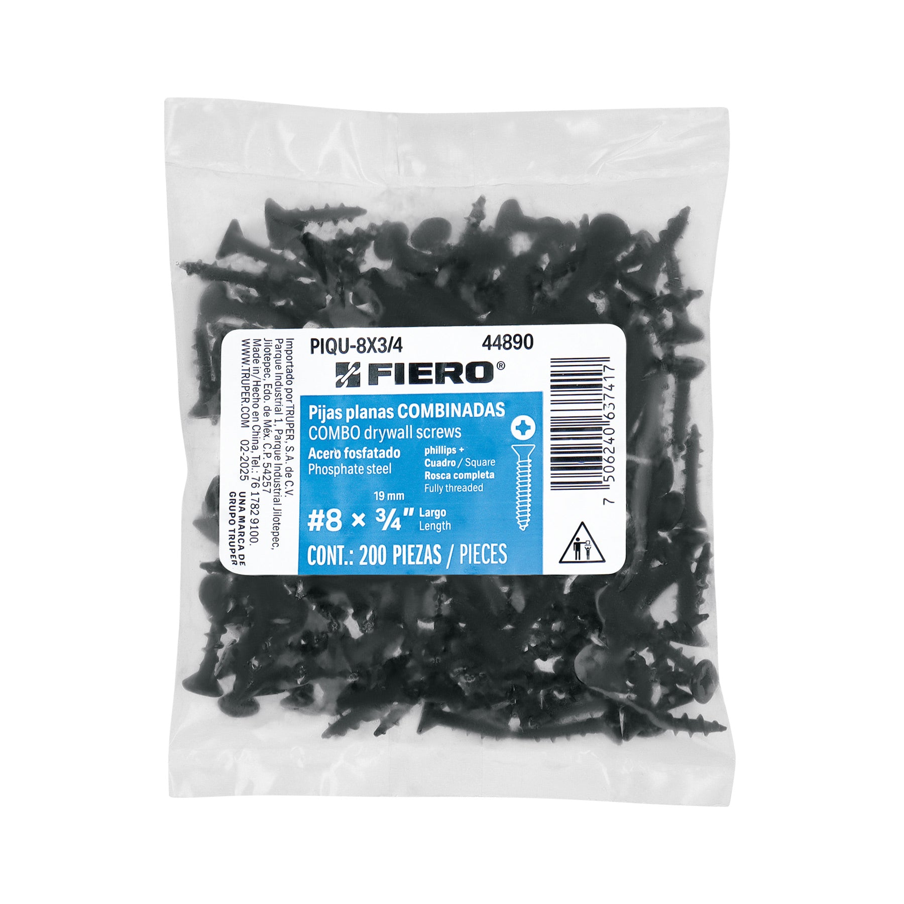Bolsa con 200 pijas #8 x 3/4" combinadas (cuadro + Phillips)