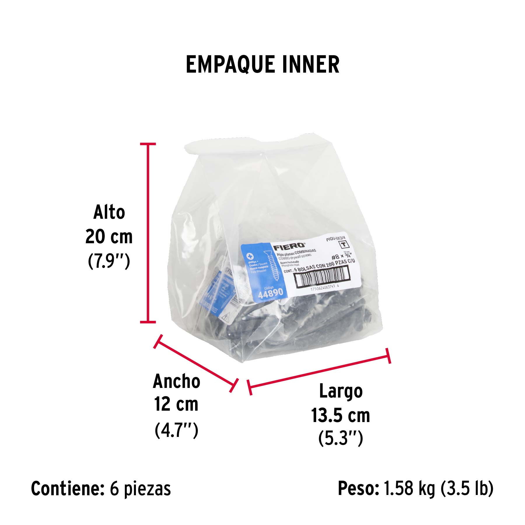 Bolsa con 200 pijas #8 x 3/4" combinadas (cuadro + Phillips) - Empaque