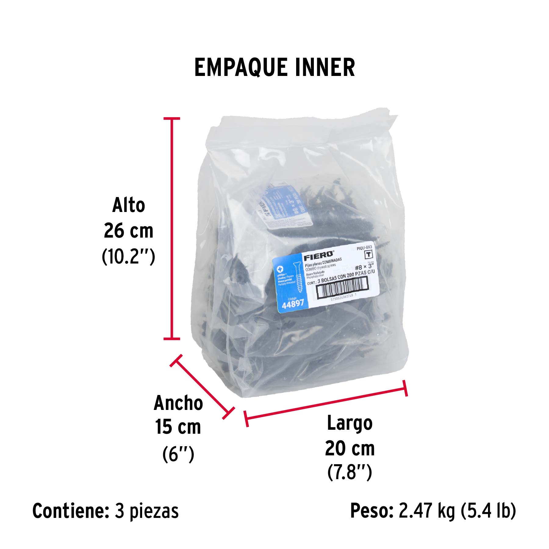 Bolsa con 200 pijas #8 x 3" combinadas (cuadro + Phillips) - Empaque