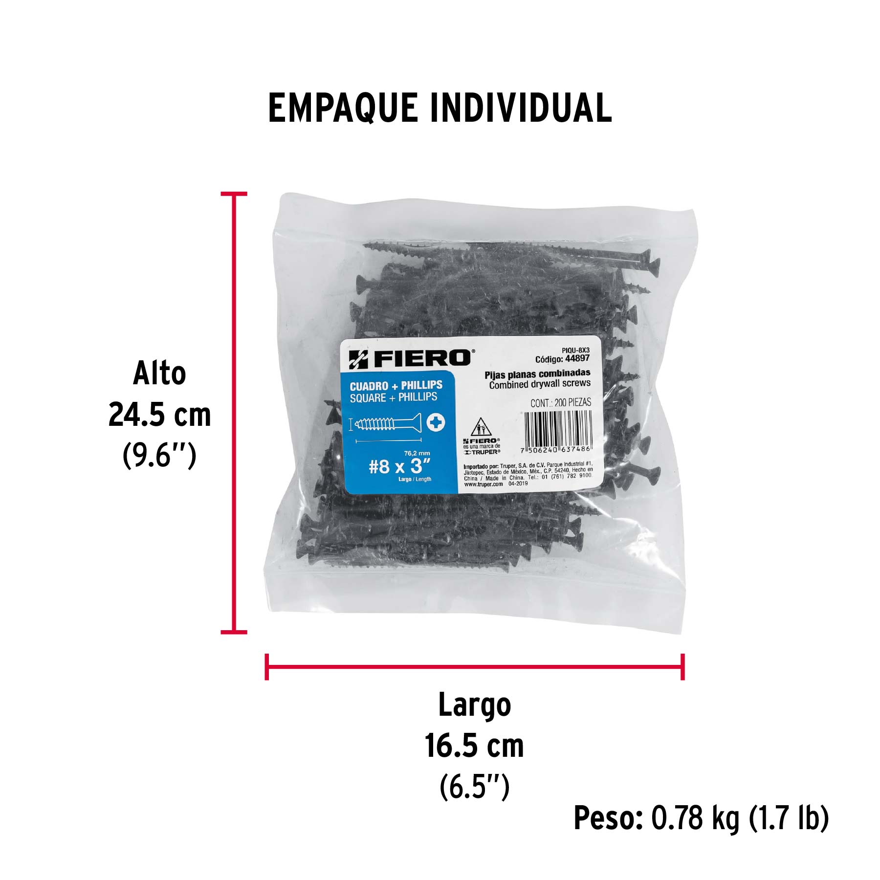 Bolsa con 200 pijas #8 x 3" combinadas (cuadro + Phillips) - Empaque