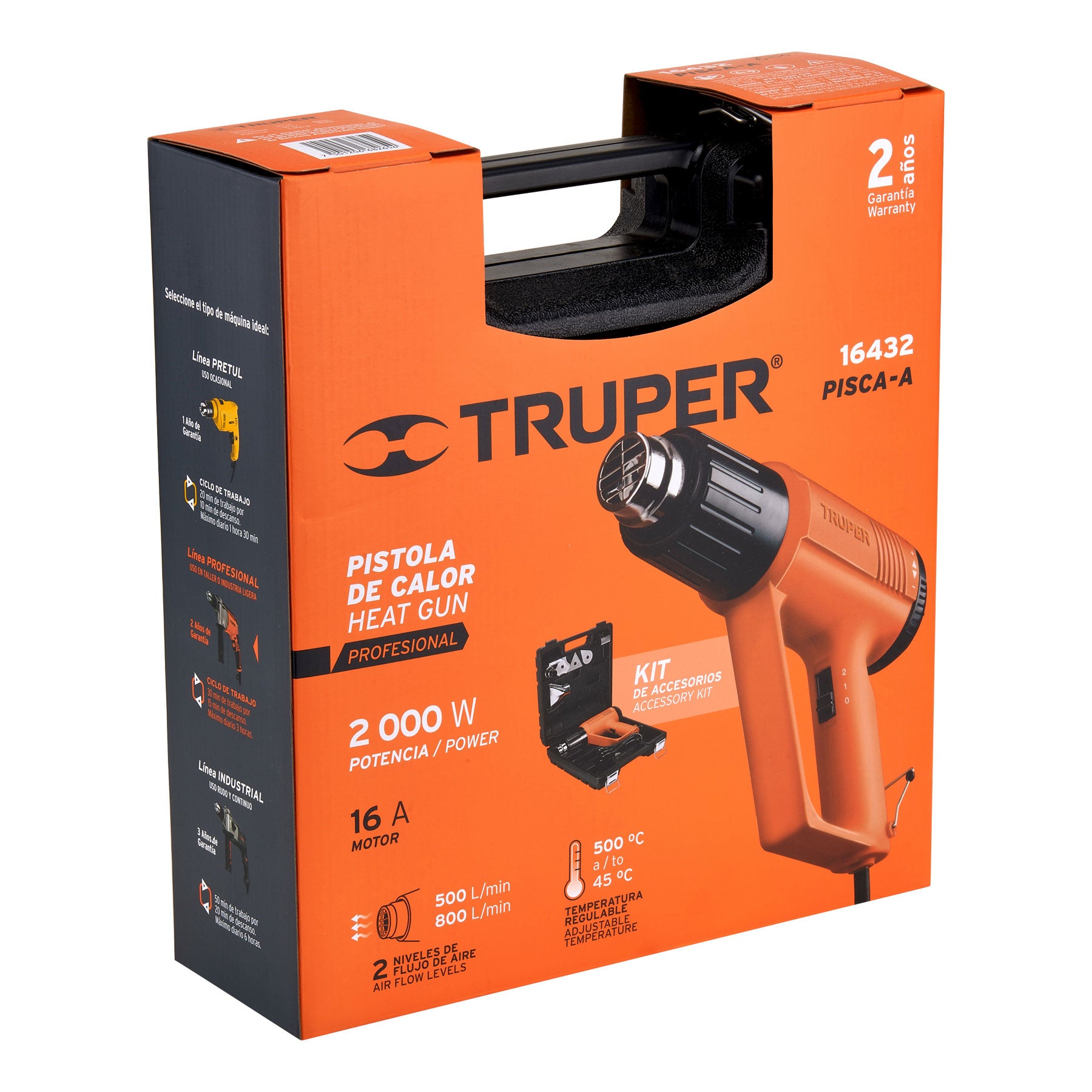 Pistola de calor 2000W con 9 accesorios, TRUPER PRO