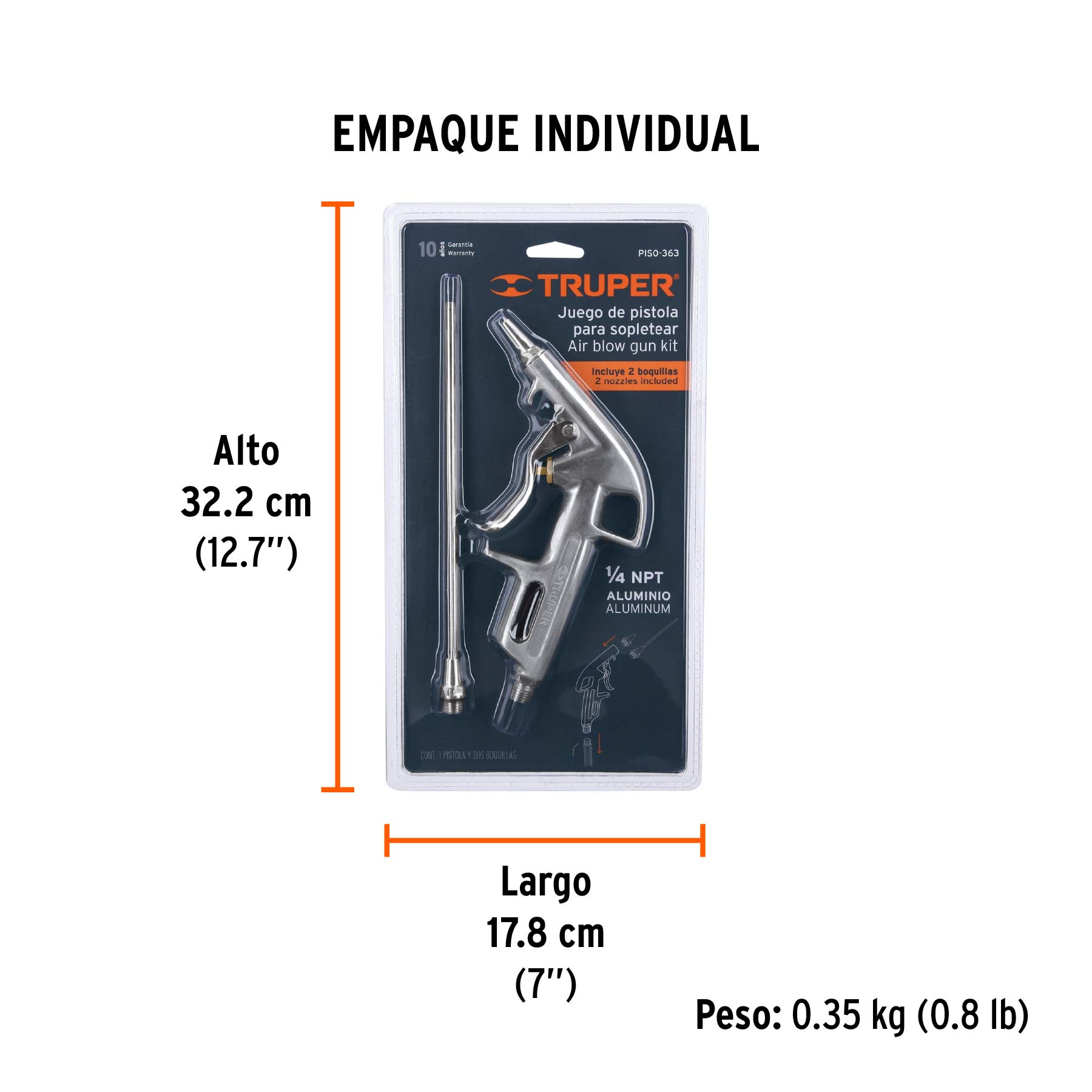 Pistola de aluminio para sopletear, 2 boquillas, TRUPER - Empaque