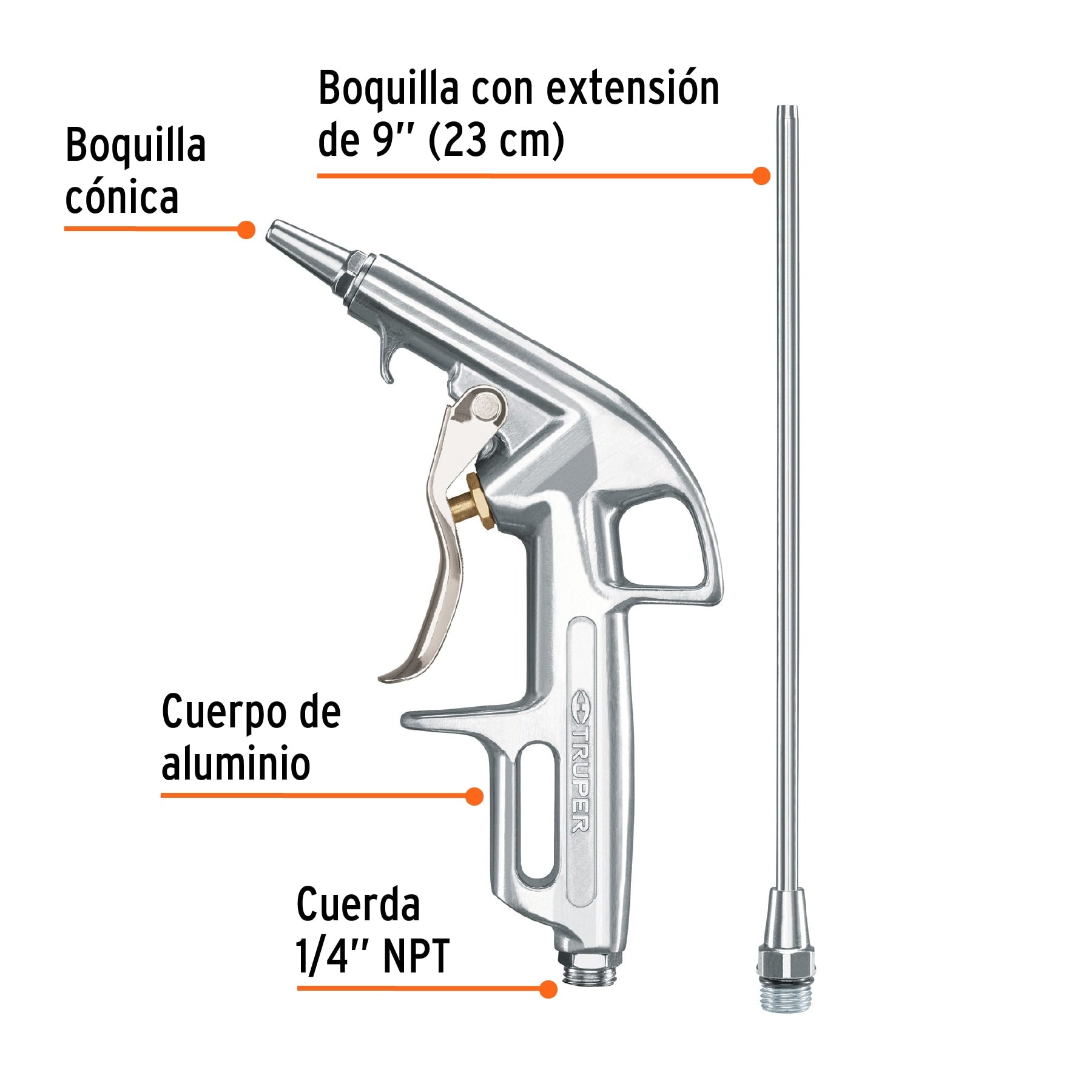 Pistola de aluminio para sopletear, 2 boquillas, TRUPER