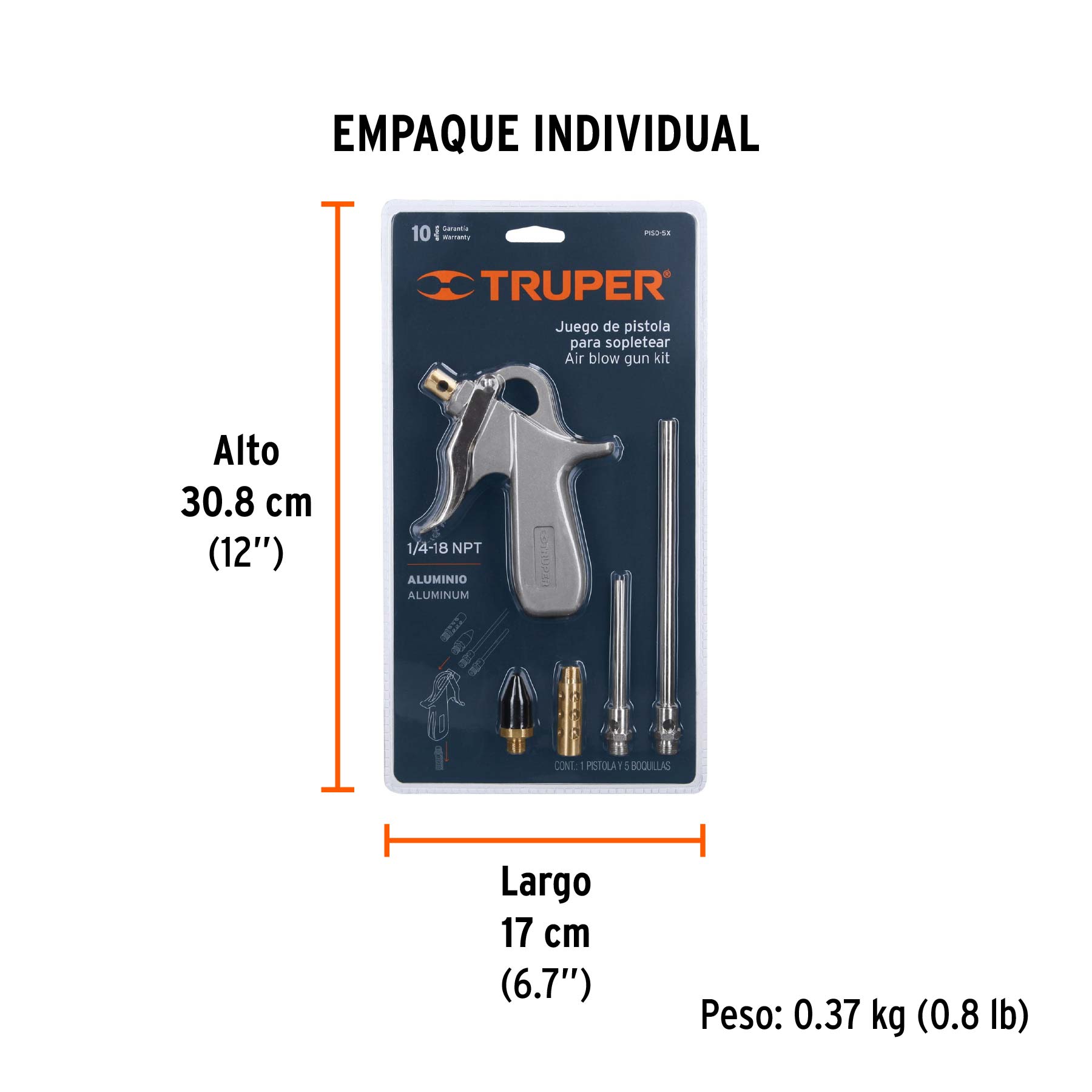 Pistola de aluminio para sopletear, 5 boquillas, TRUPER - Empaque
