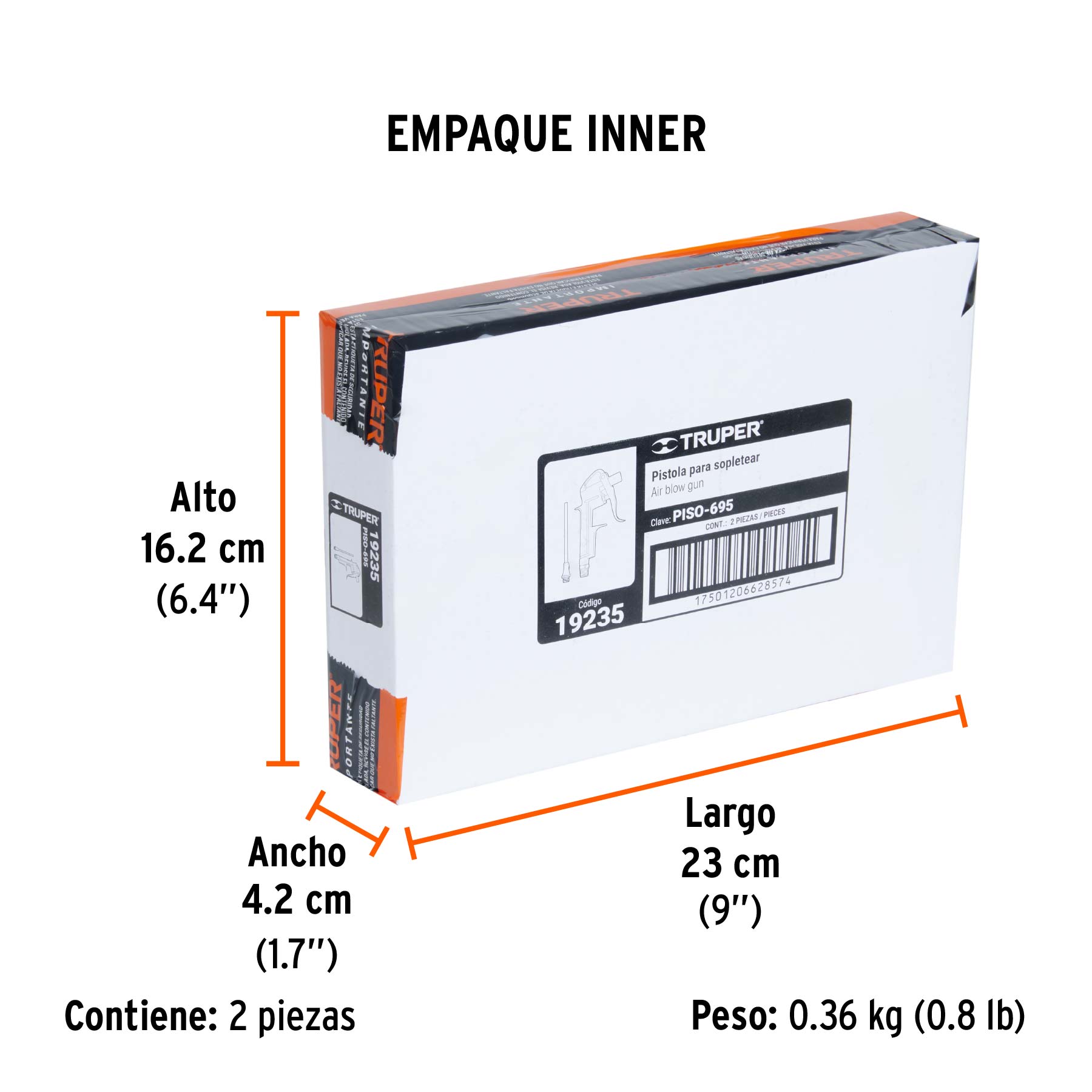 Pistola de aluminio para sopletear, boquilla ext 4",TRUPER - Empaque