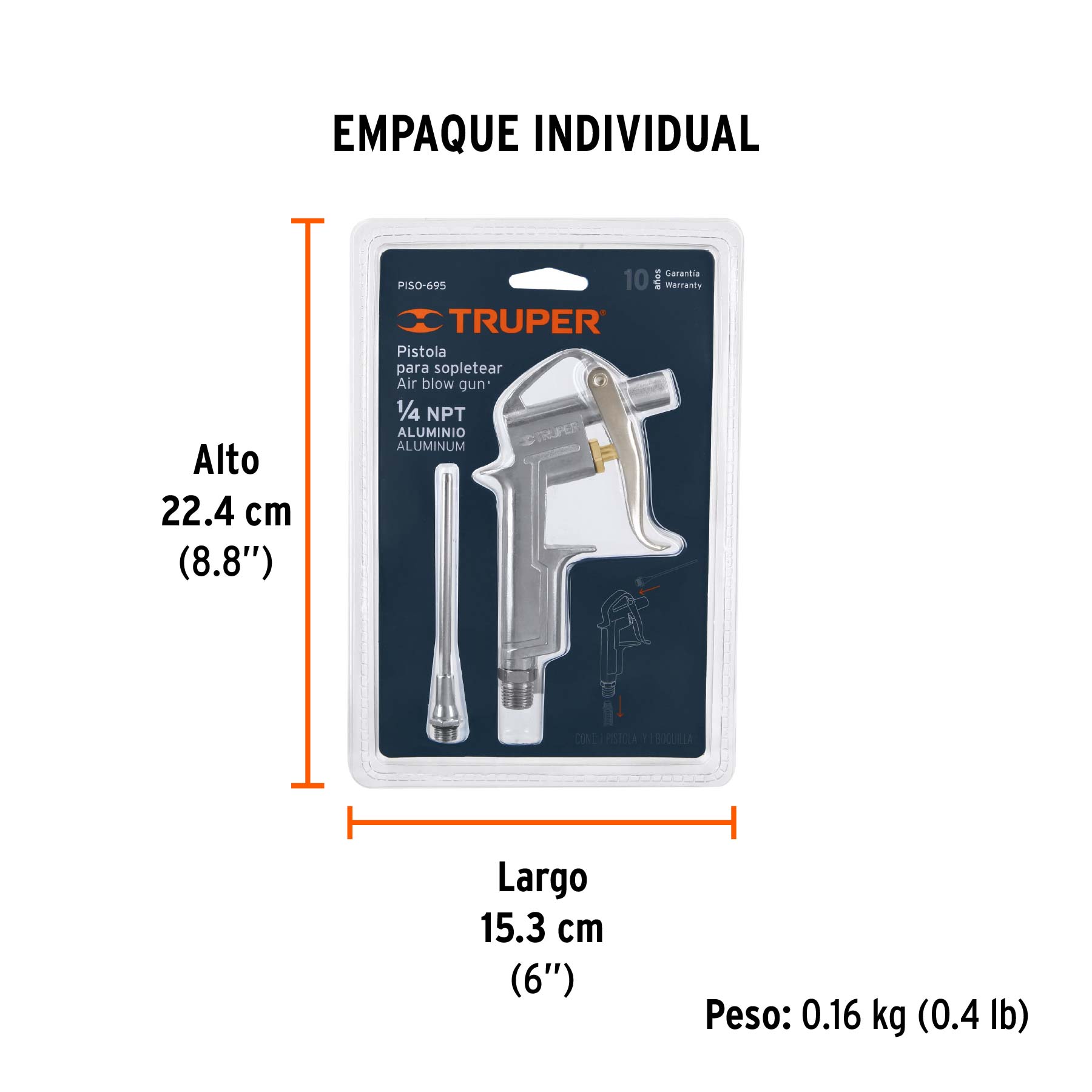 Pistola de aluminio para sopletear, boquilla ext 4",TRUPER - Empaque