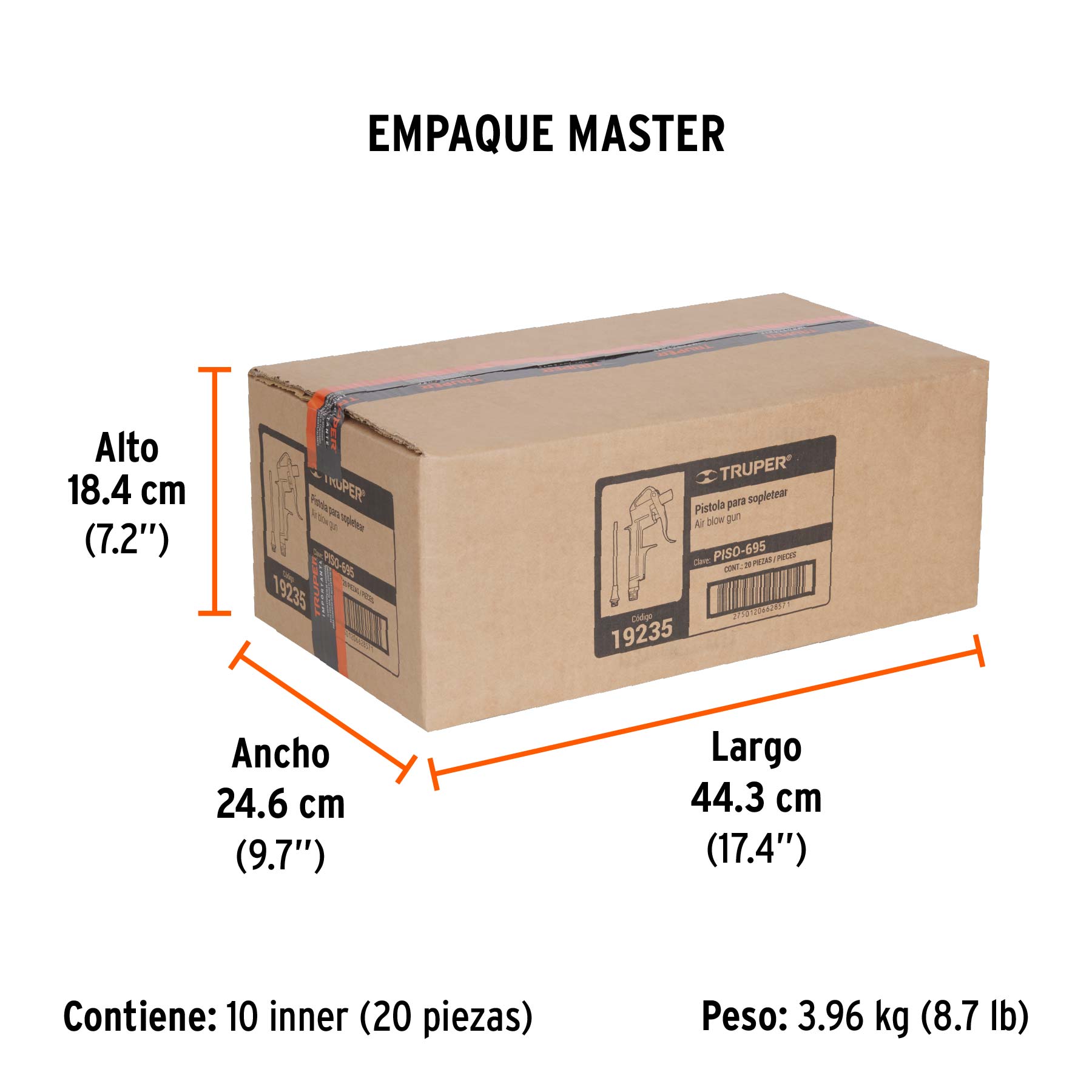 Pistola de aluminio para sopletear, boquilla ext 4",TRUPER - Empaque