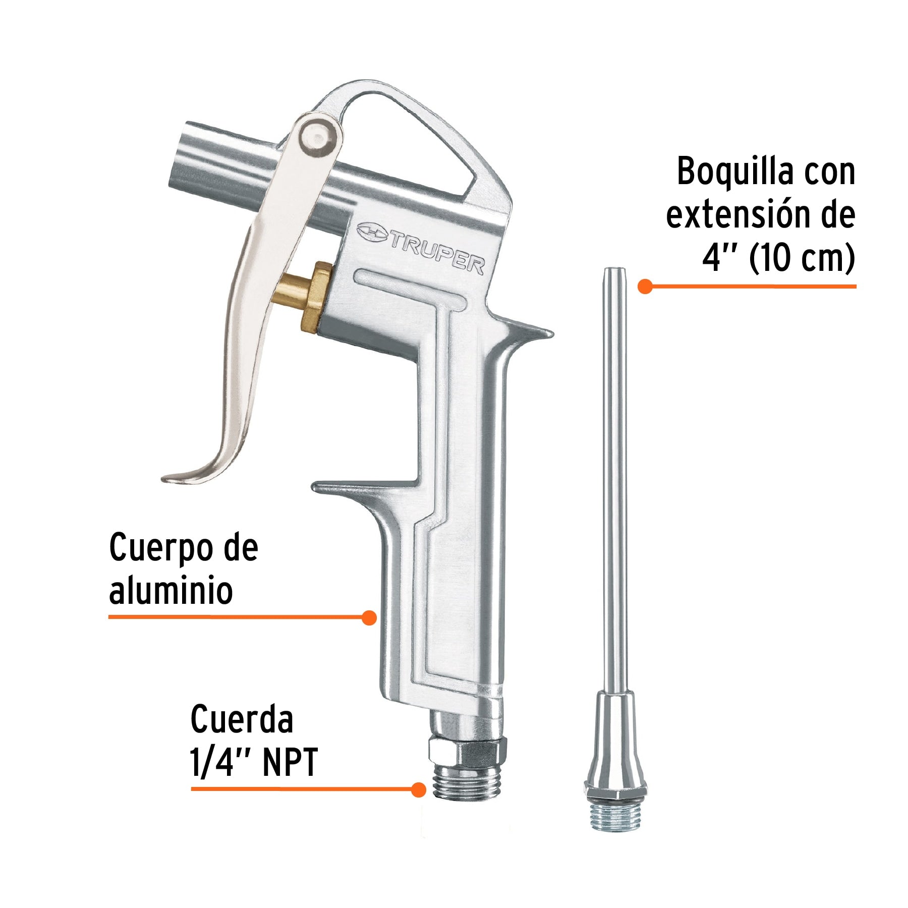 Pistola de aluminio para sopletear, boquilla ext 4",TRUPER