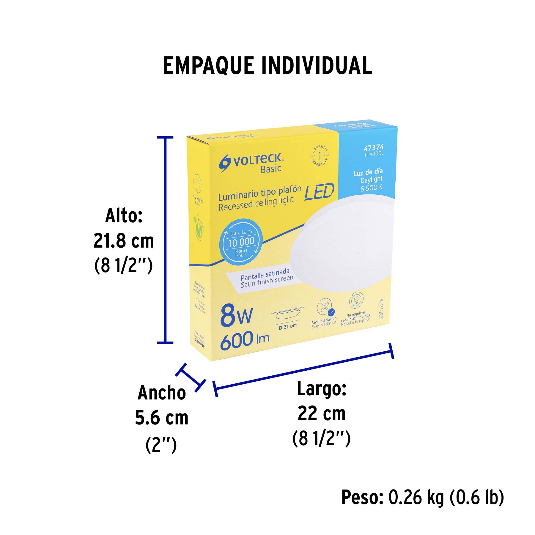 Luminario LED plafón decorativo 8W 6500K, liso, BASIC - Empaque