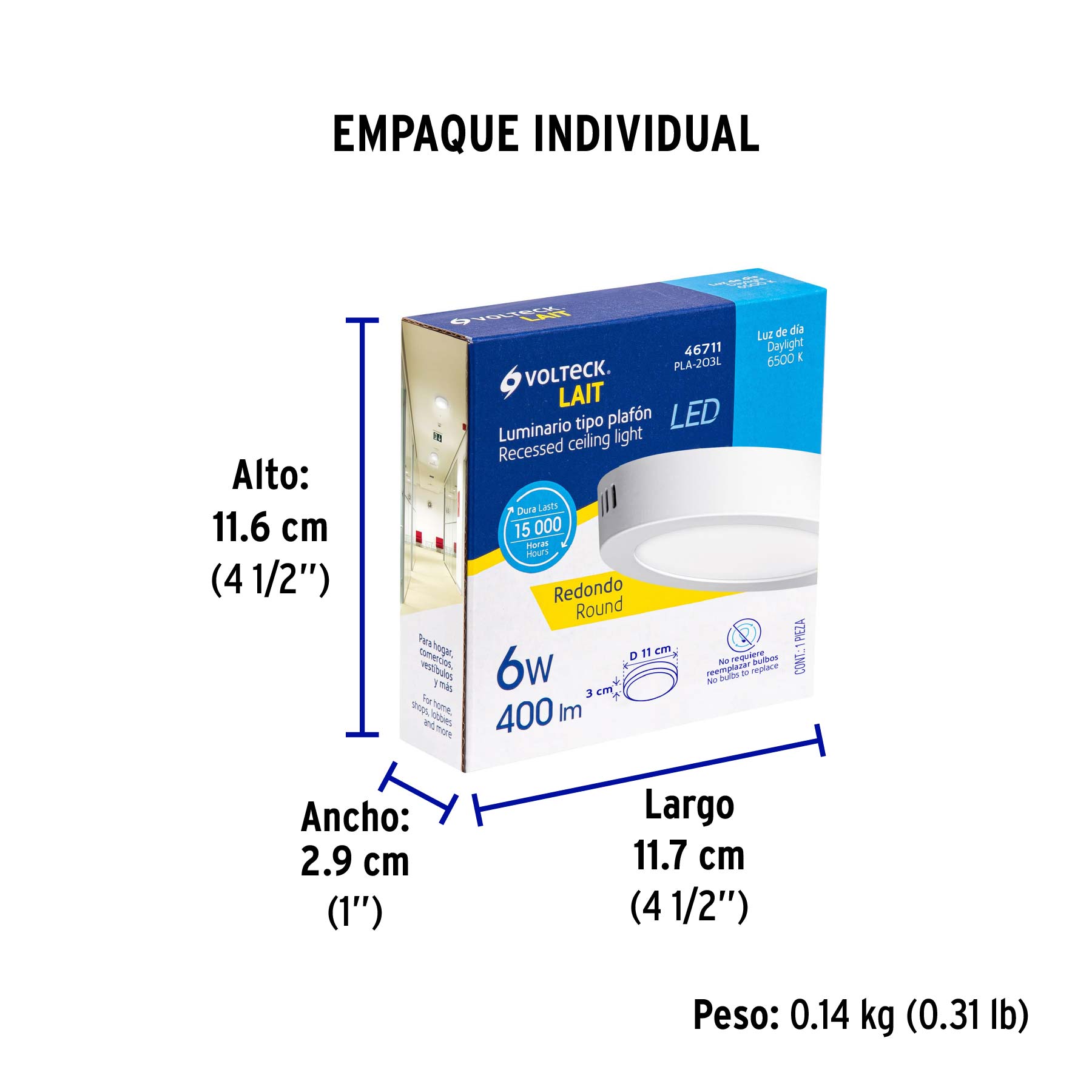 Luminario LED plafón 6W 6500K, redondo, blanco, VOLTECK - Empaque
