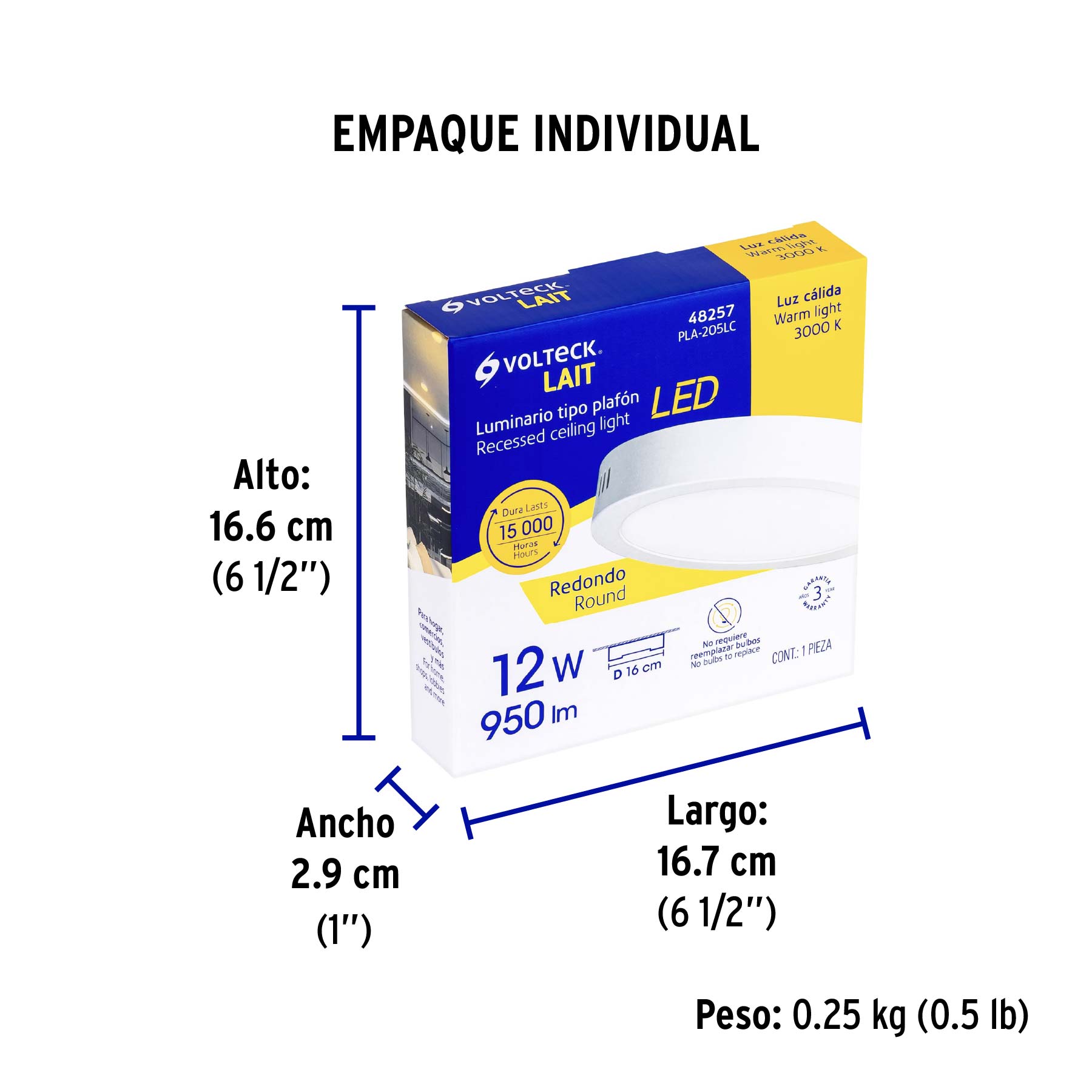 Luminario LED plafón 12W 3000K, redondo, blanco, VOLTECK - Empaque