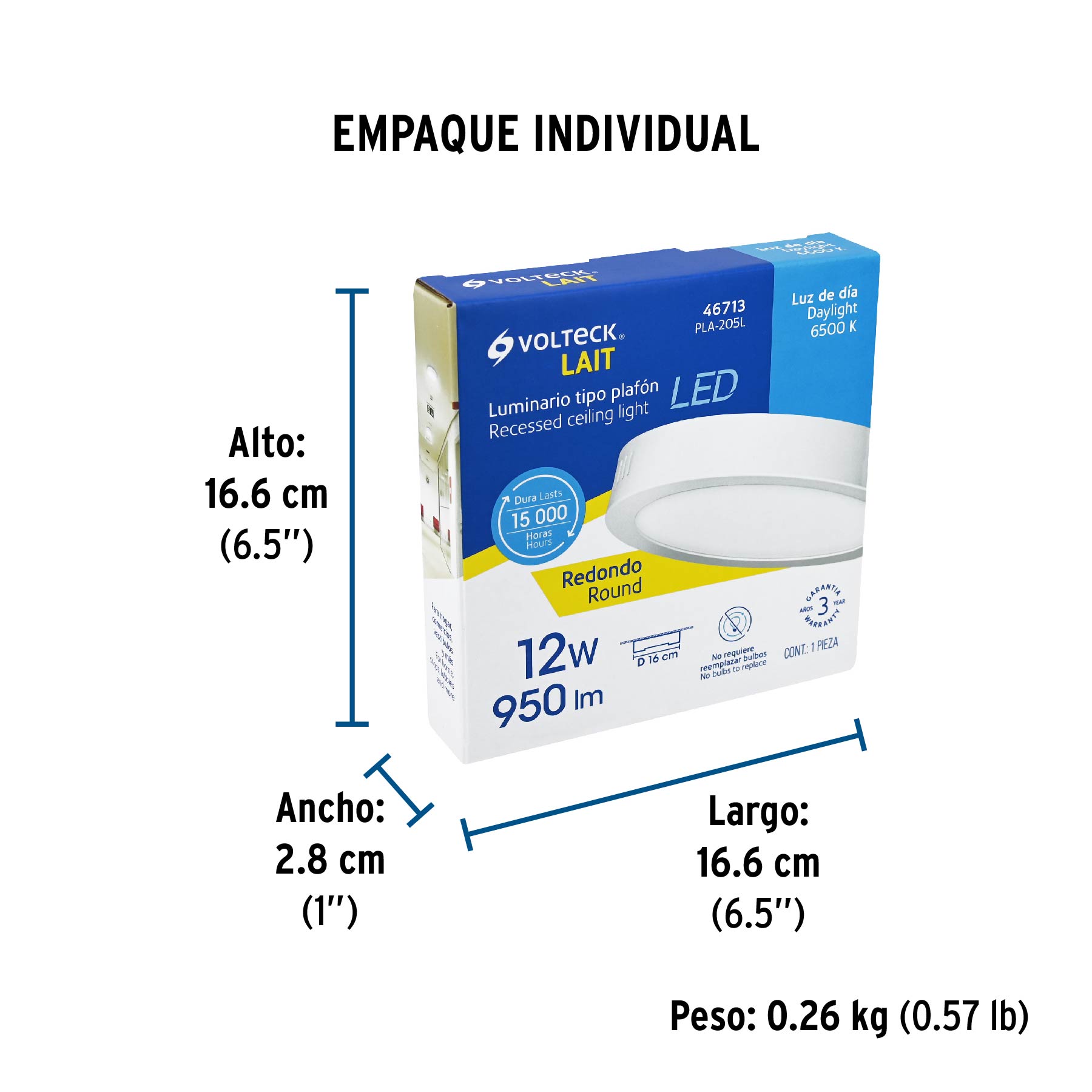 Luminario LED plafón 12W 6500K, redondo, blanco, VOLTECK - Empaque