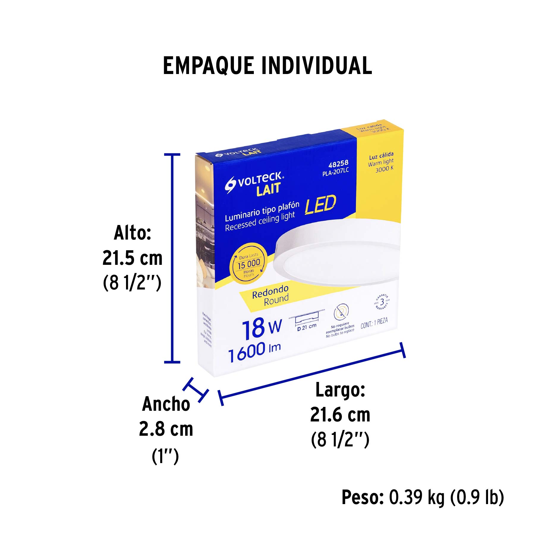 Luminario LED plafón18W 3000K, redondo, blanco, VOLTECK - Empaque