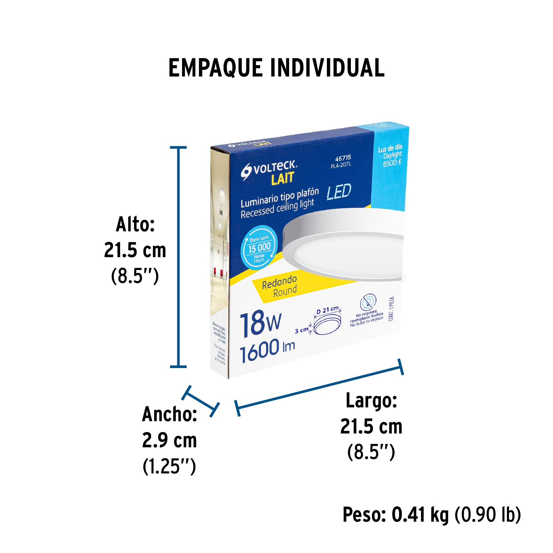 Luminario LED plafón 18W 6500K, redondo, blanco, VOLTECK - Empaque