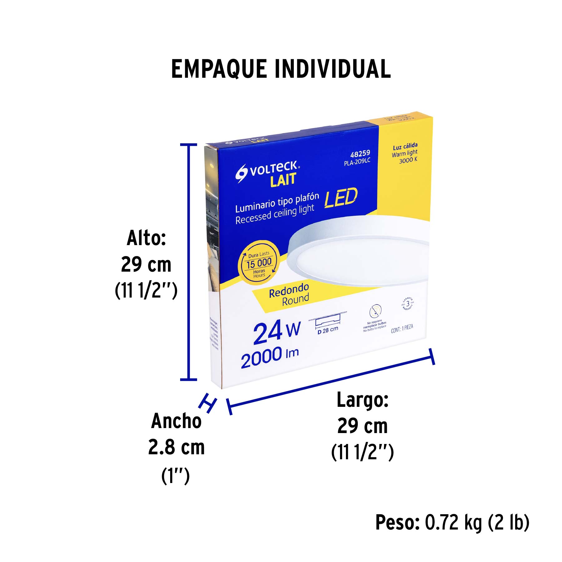 Luminario LED plafón24W 3000K, redondo, blanco, VOLTECK - Empaque