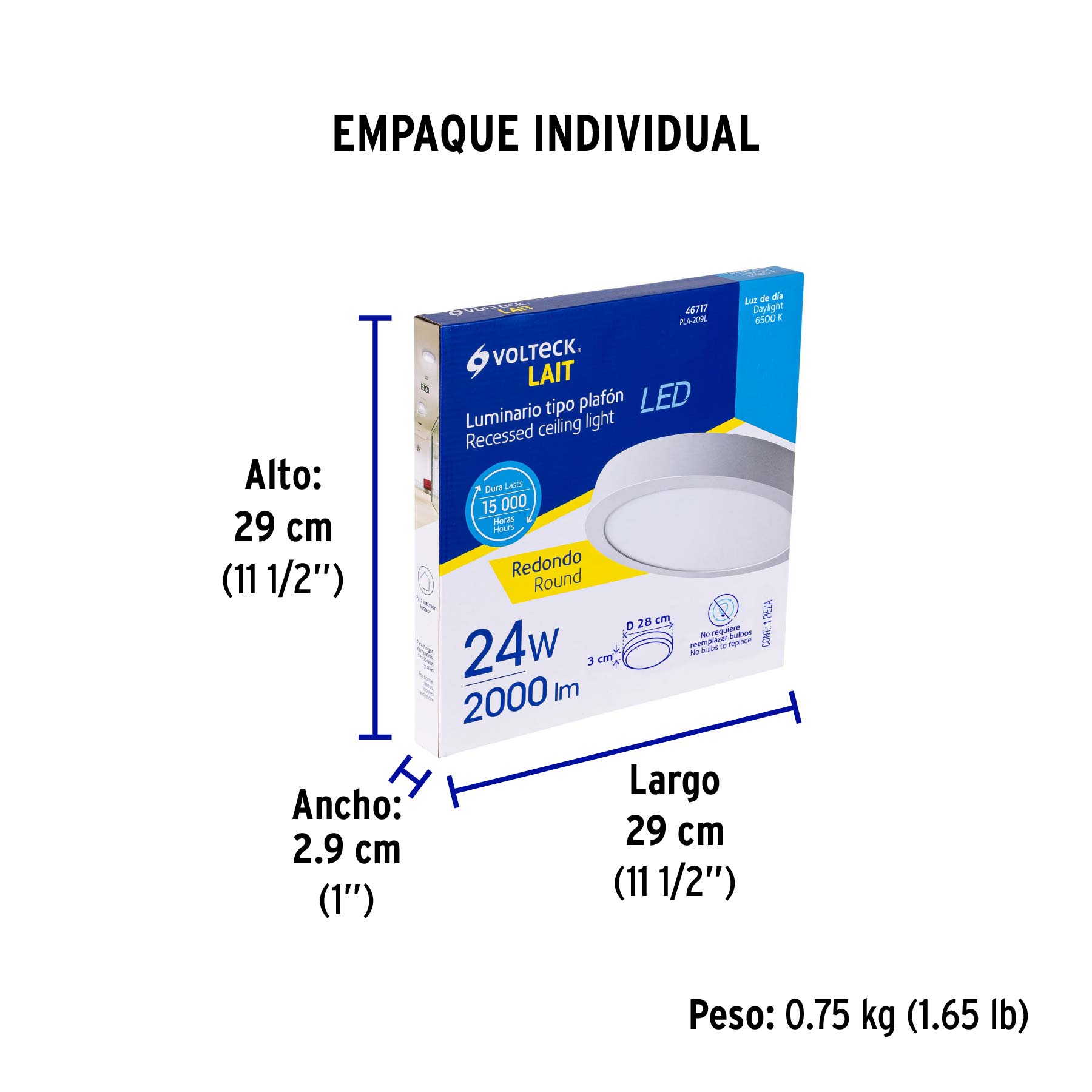 Luminario LED plafón 24W 6500K, redondo, blanco, VOLTECK - Empaque