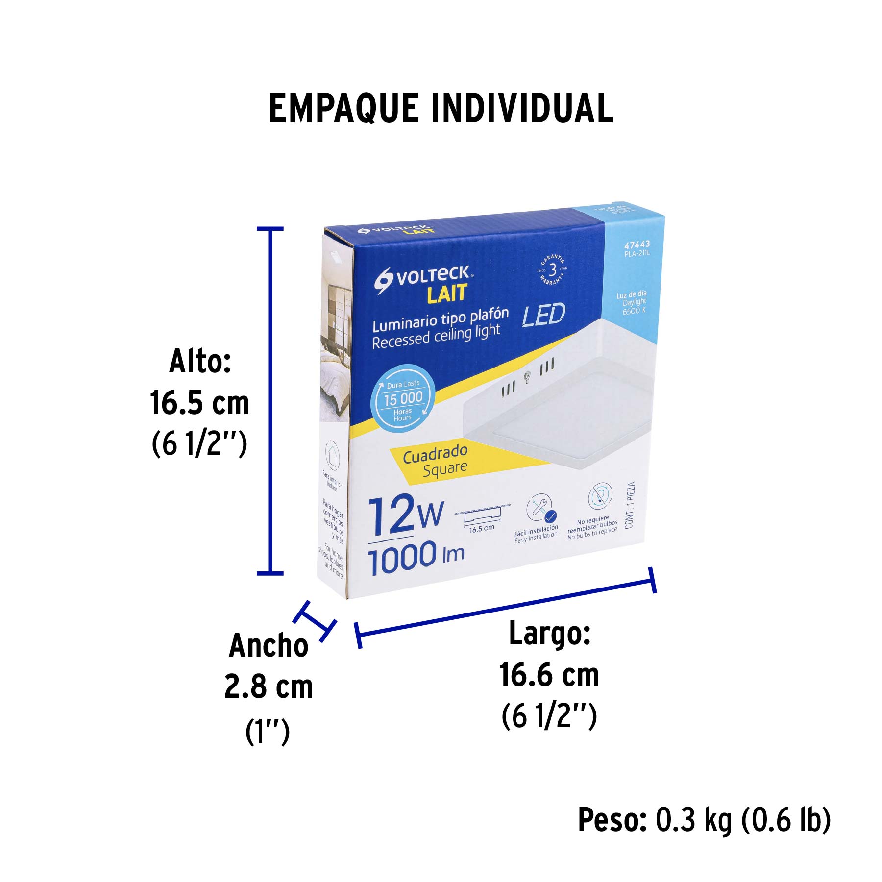 Luminario LED plafón 12W 6500K, cuadrado, blanco, VOLTECK - Empaque