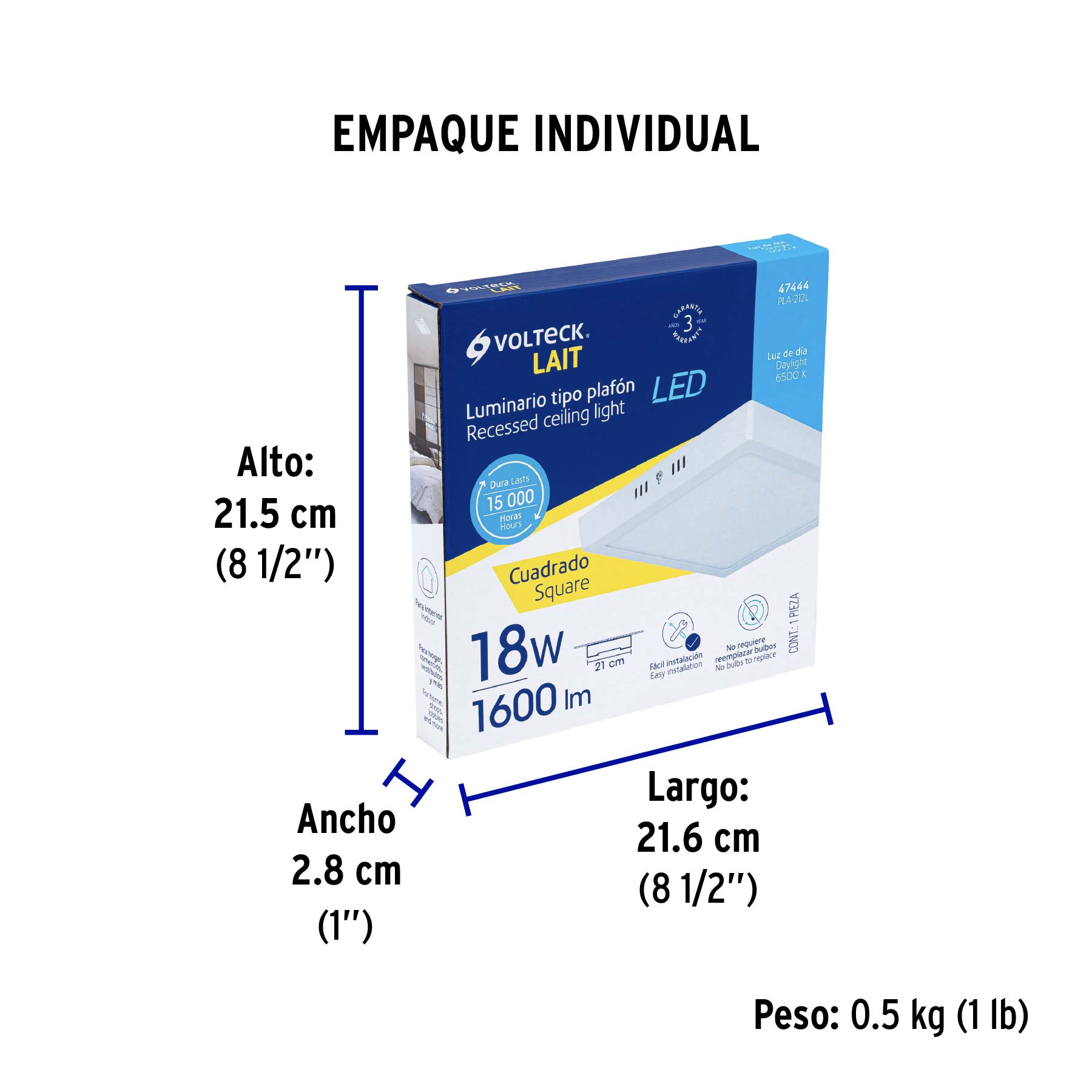 Luminario LED plafón 18W 6500K, cuadrado, blanco, VOLTECK - Empaque