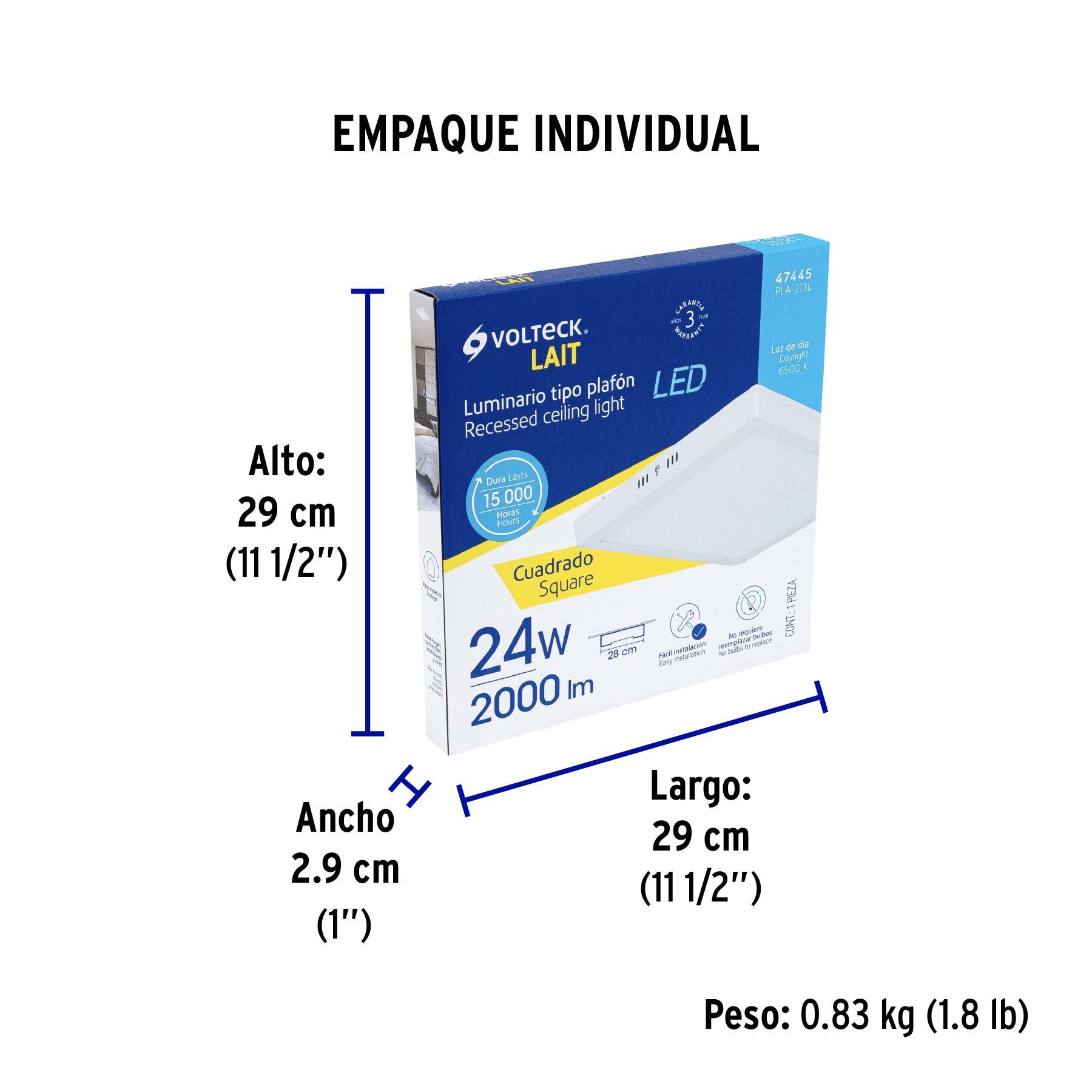 Luminario LED plafón 24W 6500K, cuadrado, blanco, VOLTECK - Empaque